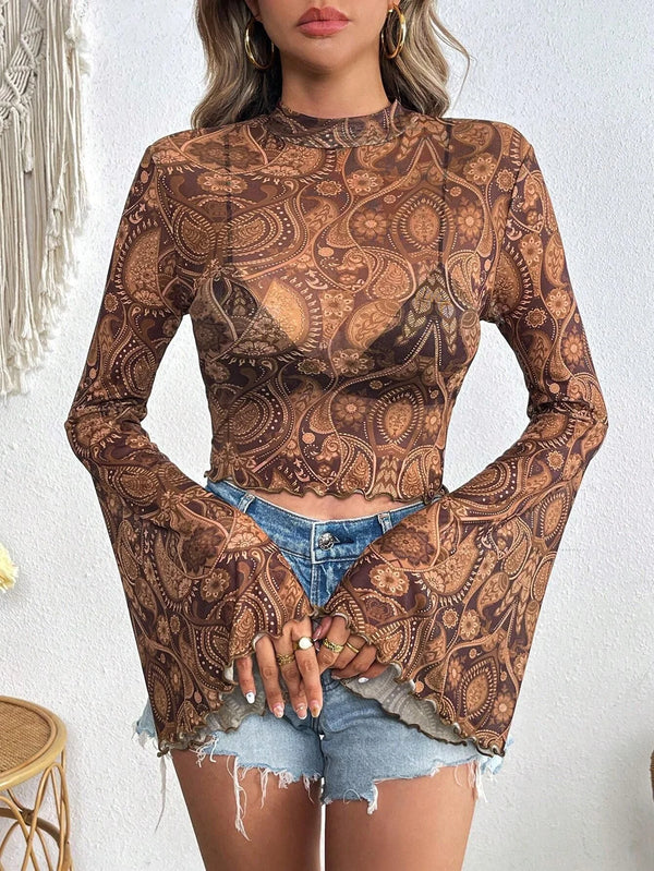 Heart Print Mesh Crop Top