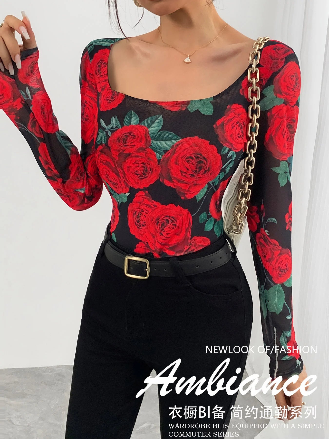 Rose Print Mesh Top