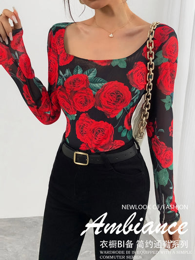 Rose Print Mesh Top