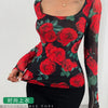 Rose Print Mesh Top