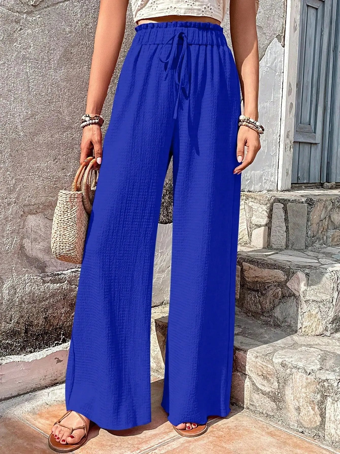 High-Waist Drawstring Wide-Leg Palazzo Pants
