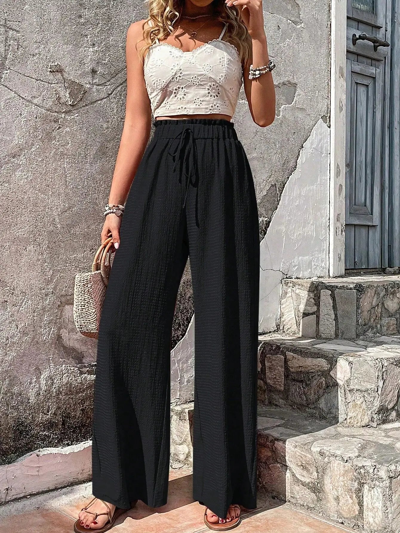 High-Waist Drawstring Wide-Leg Palazzo Pants