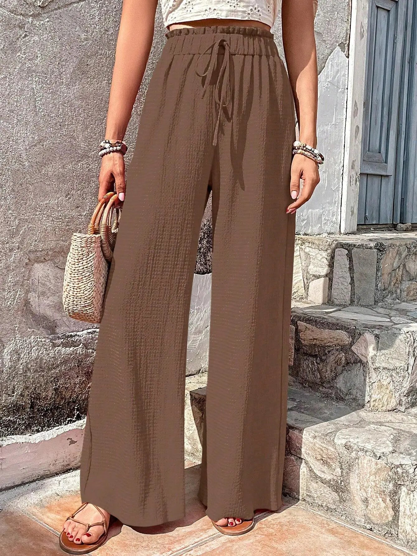 High-Waist Drawstring Wide-Leg Palazzo Pants