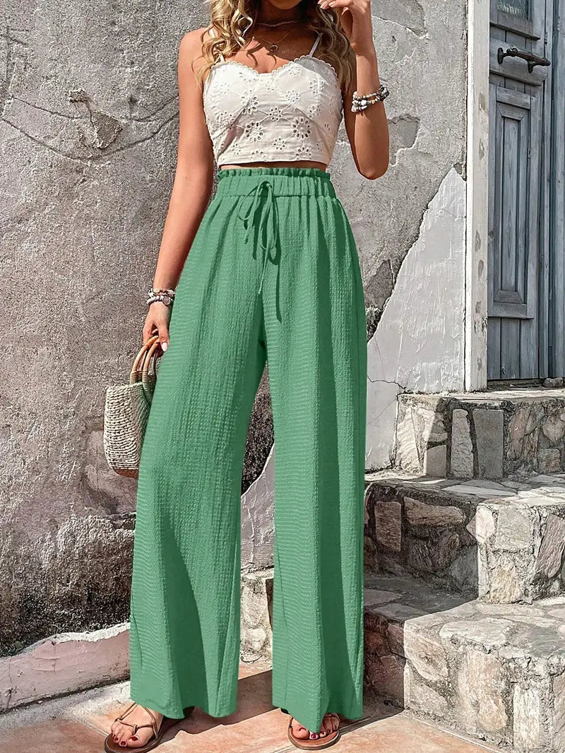 High-Waist Drawstring Wide-Leg Palazzo Pants