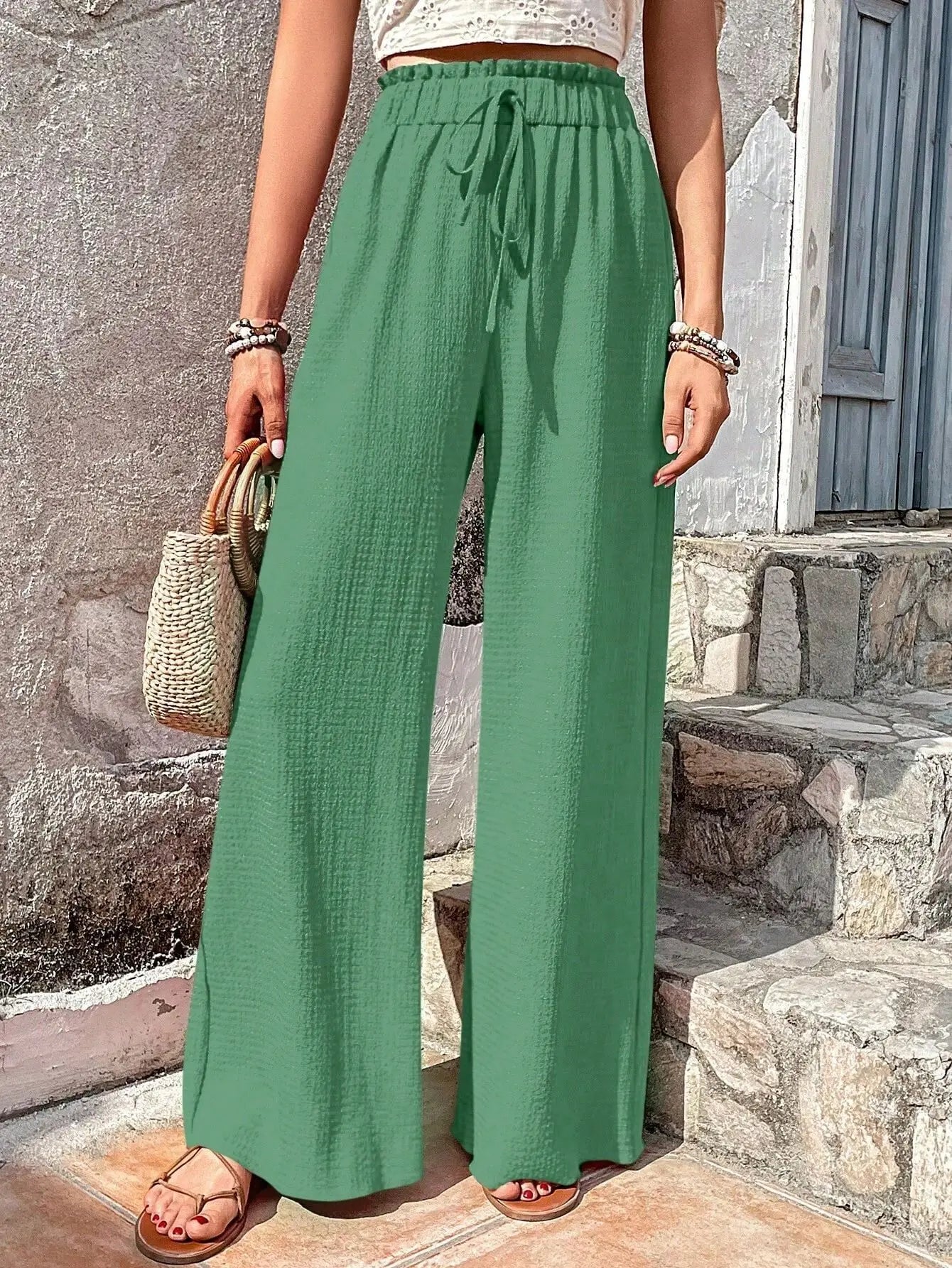 High-Waist Drawstring Wide-Leg Palazzo Pants