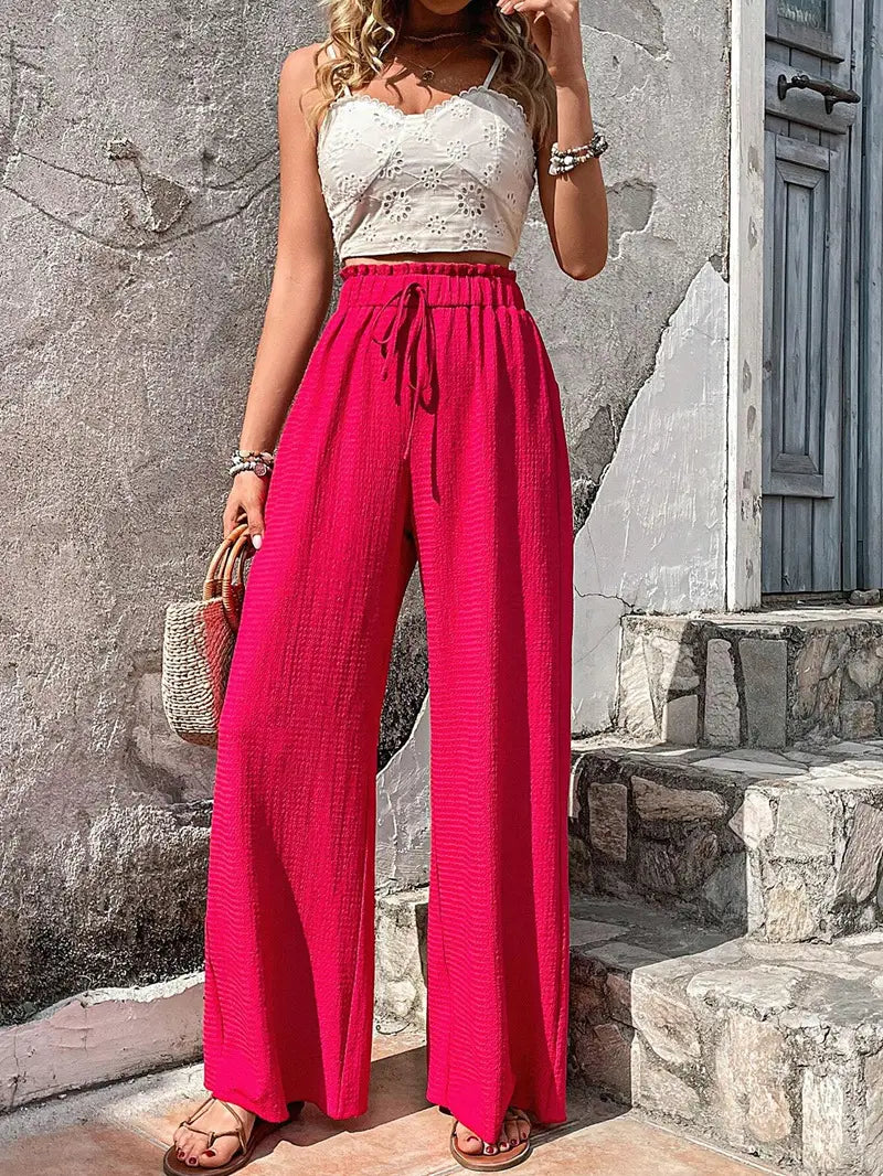 High-Waist Drawstring Wide-Leg Palazzo Pants