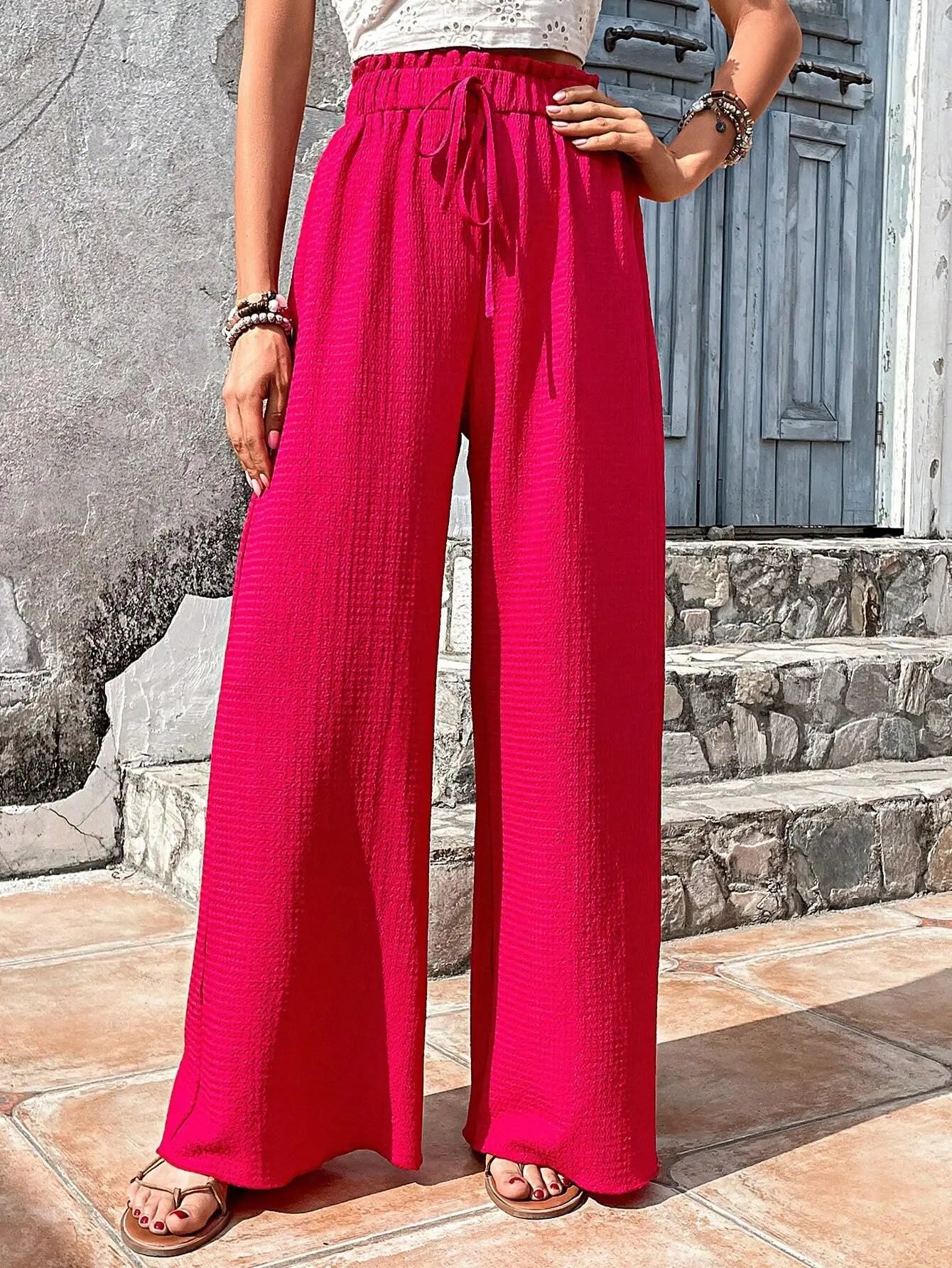 High-Waist Drawstring Wide-Leg Palazzo Pants