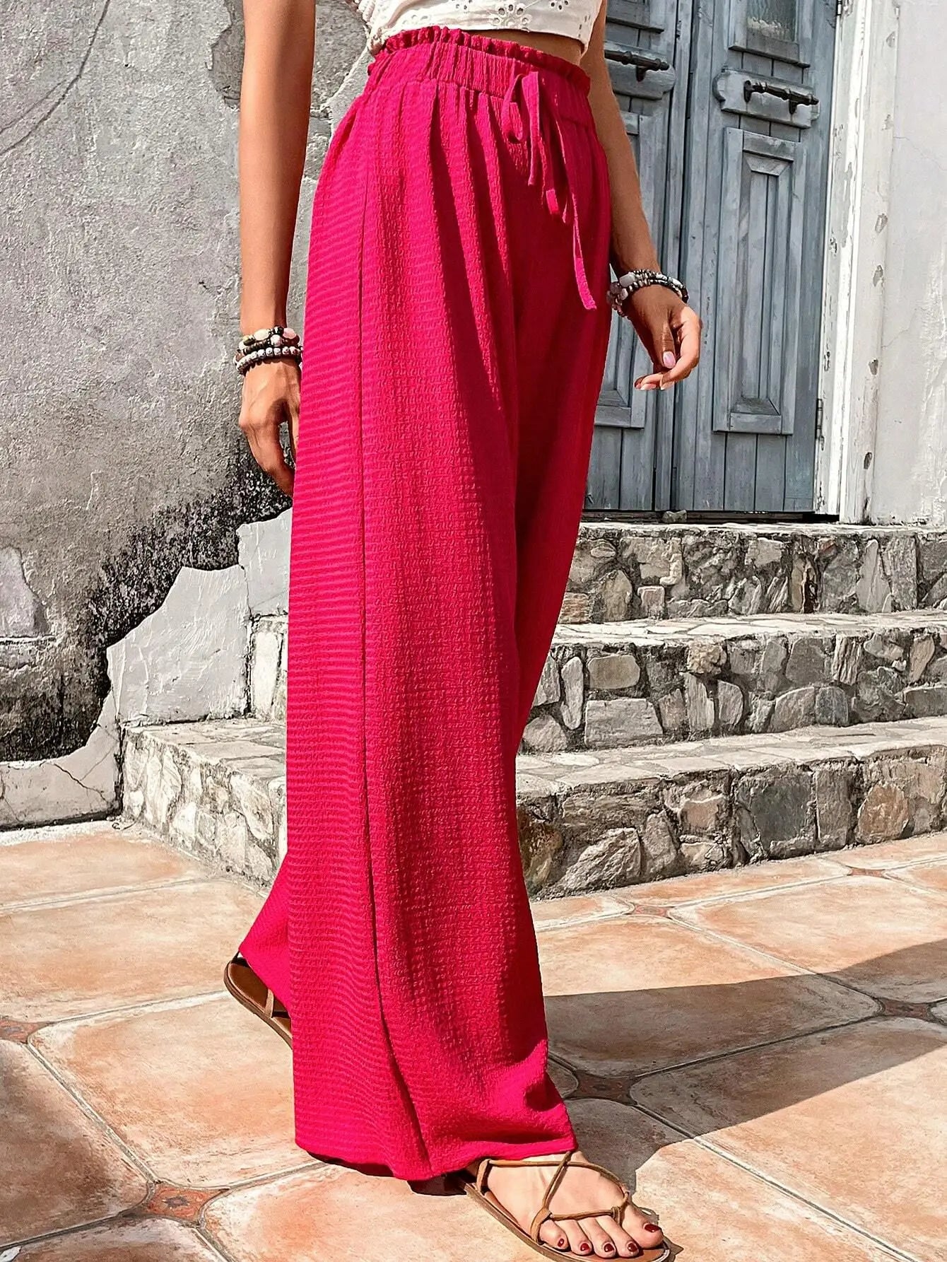 High-Waist Drawstring Wide-Leg Palazzo Pants