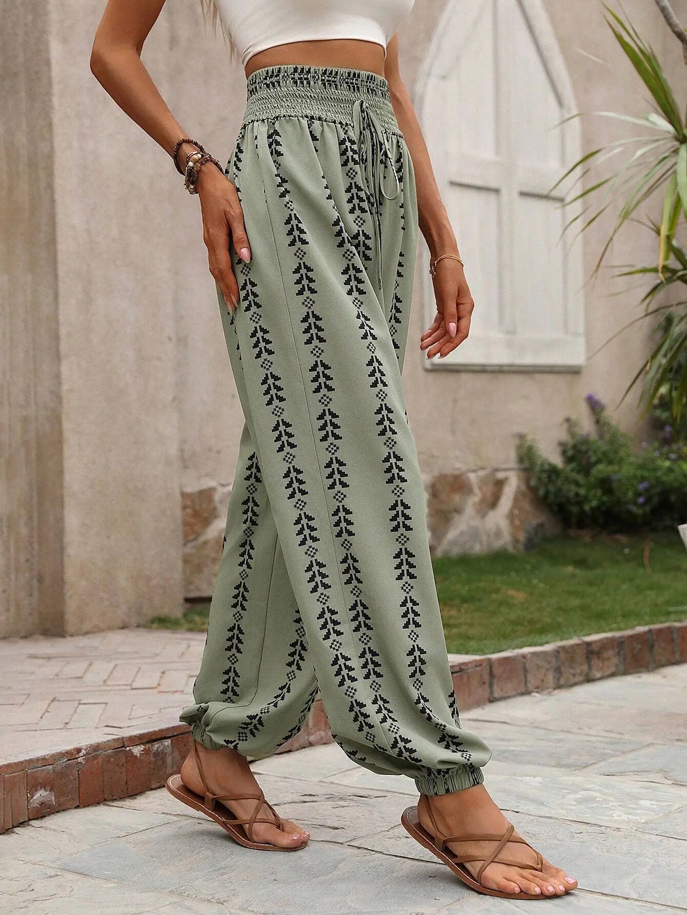 Women's Boho Print Smocked Waist Jogger Pants