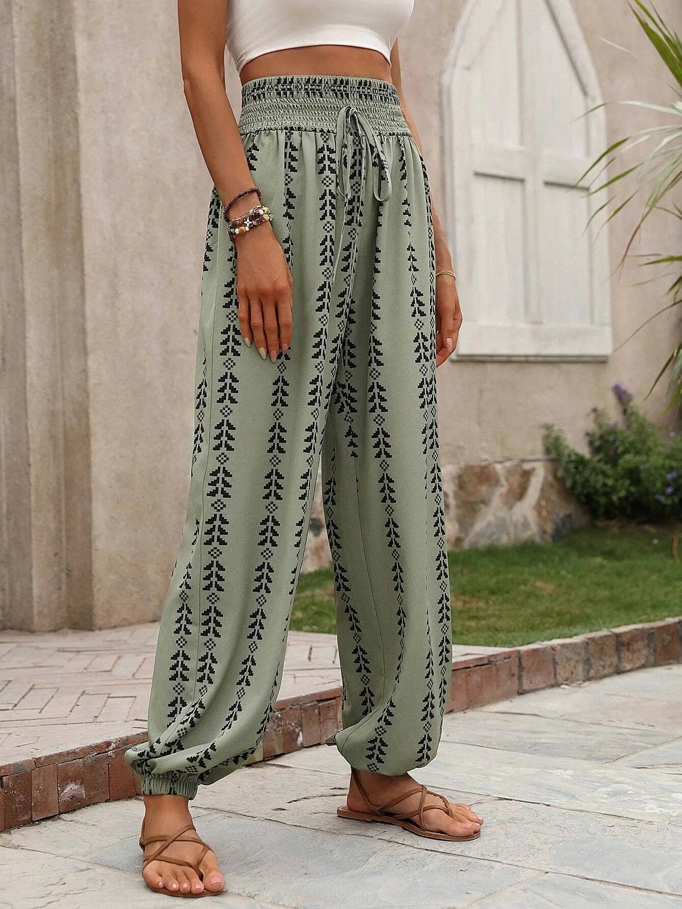 Women's Boho Print Smocked Waist Jogger Pants