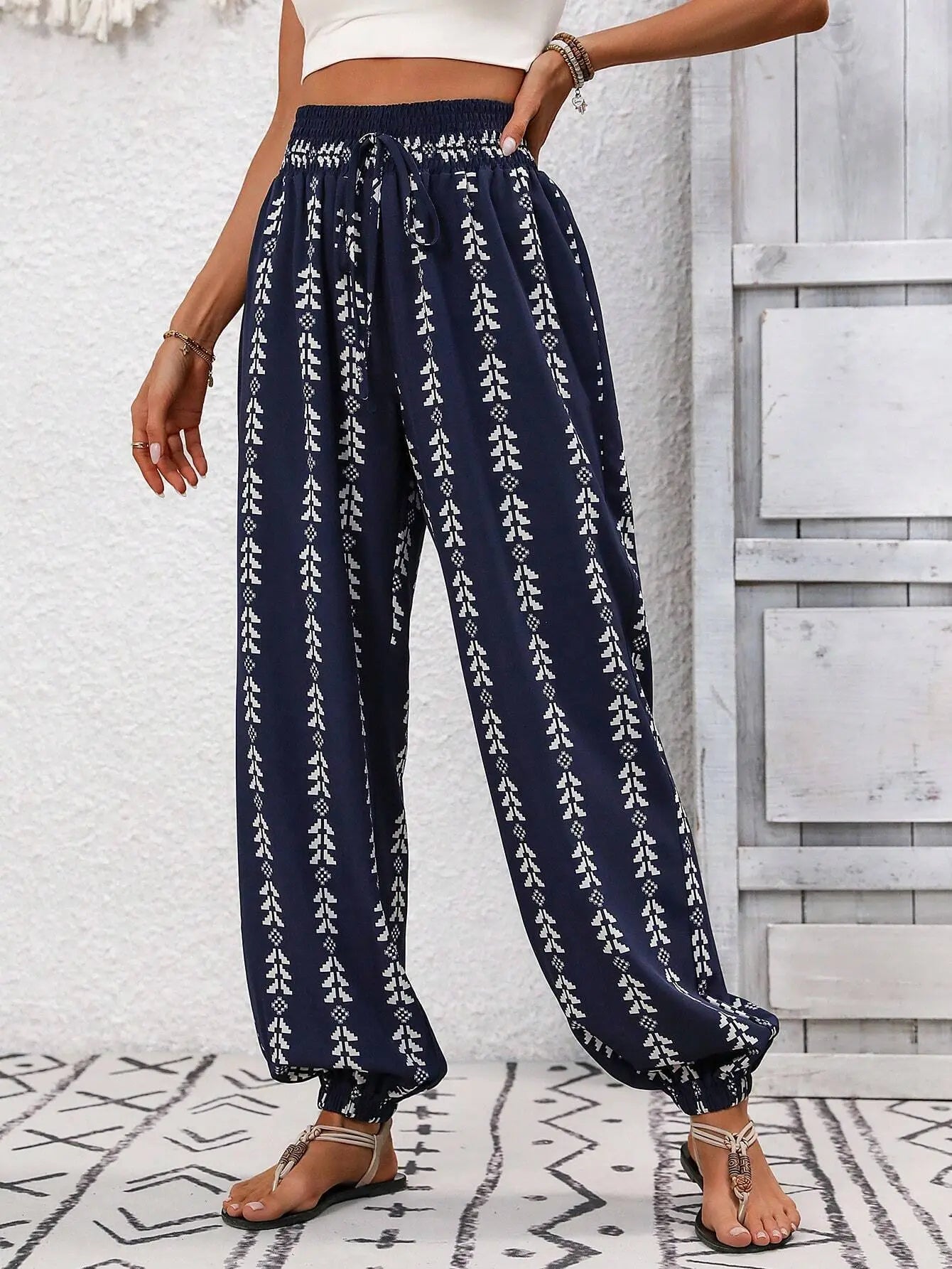 Women's Boho Print Smocked Waist Jogger Pants