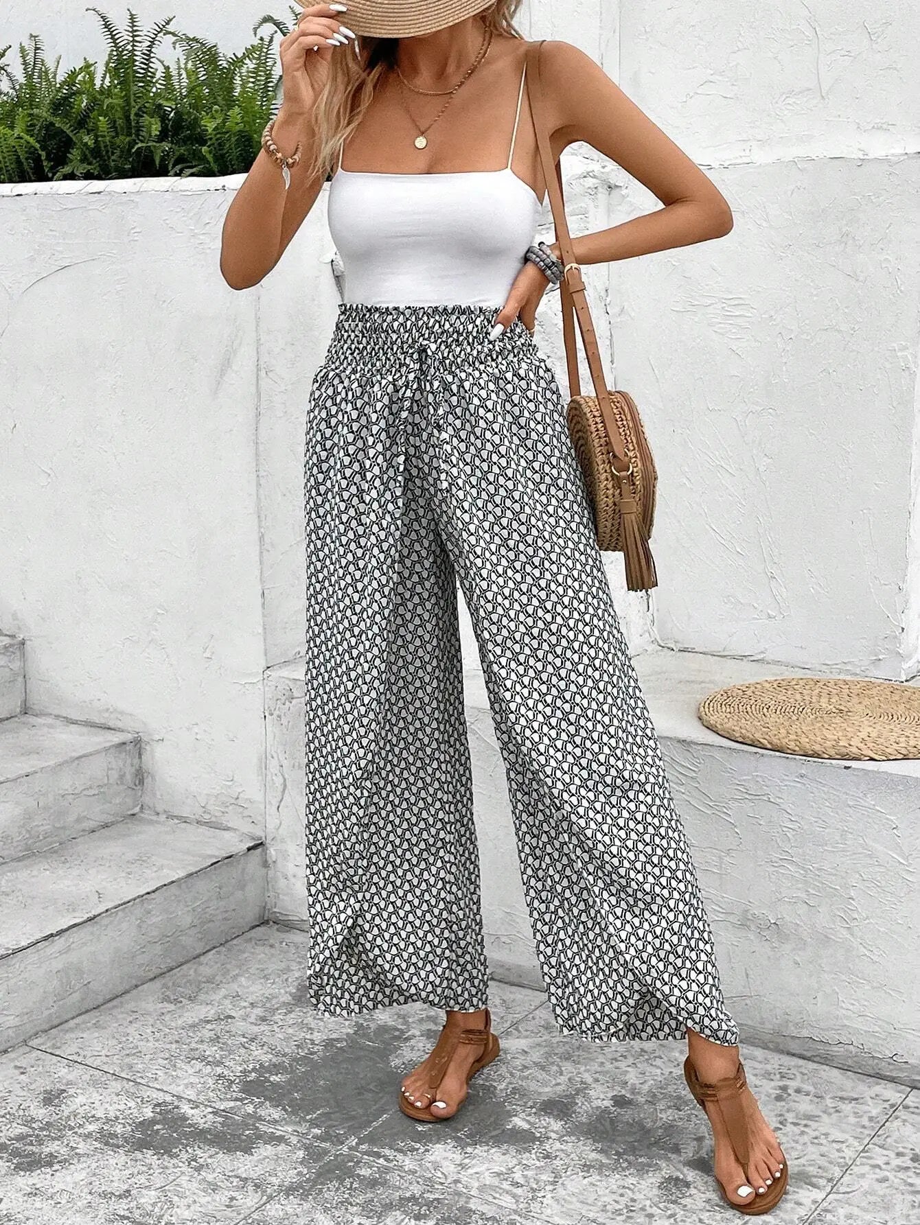 Women's Print Smocked Waist Palazzo Pants