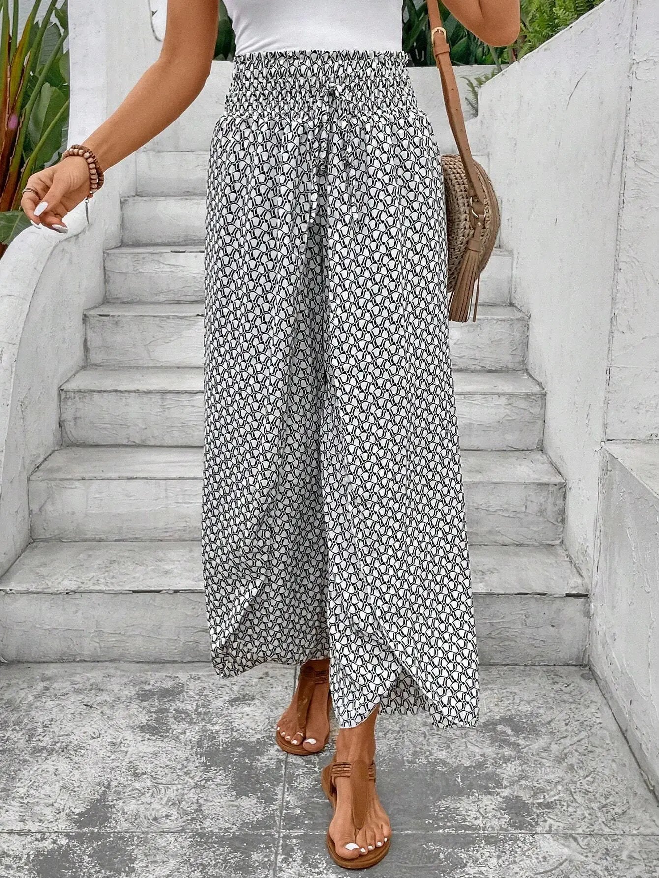 Women's Print Smocked Waist Palazzo Pants