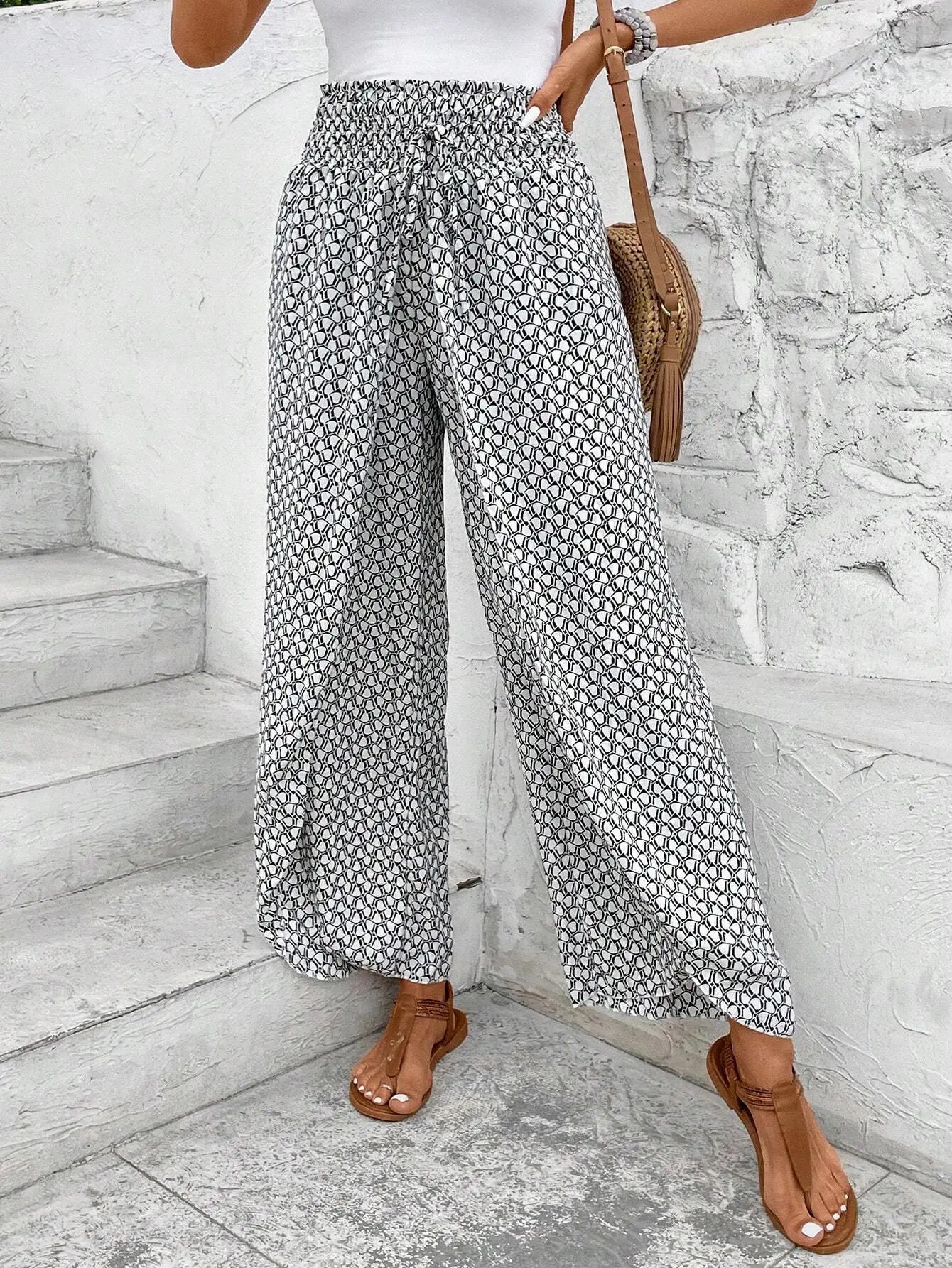 Women's Print Smocked Waist Palazzo Pants