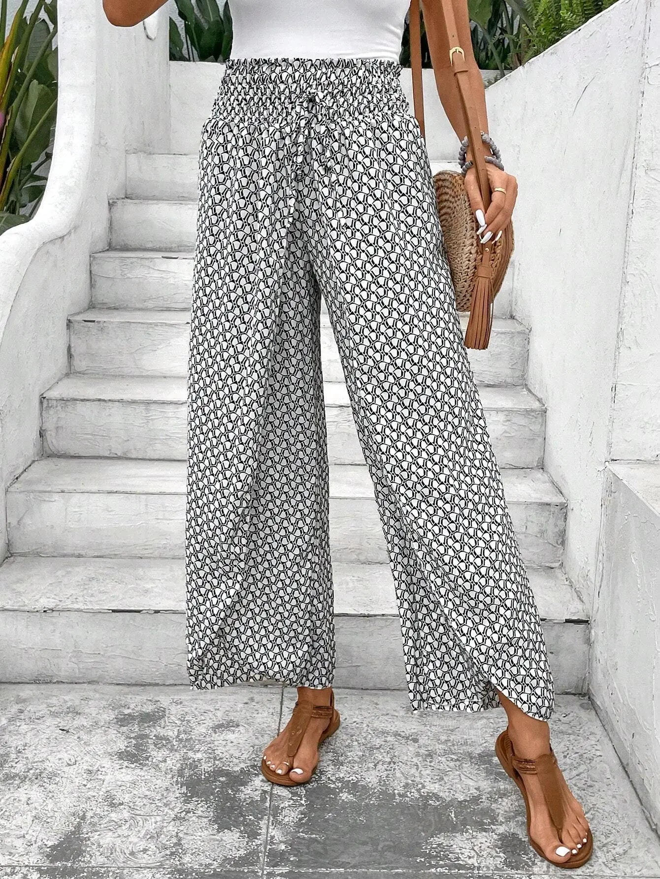 Women's Print Smocked Waist Palazzo Pants