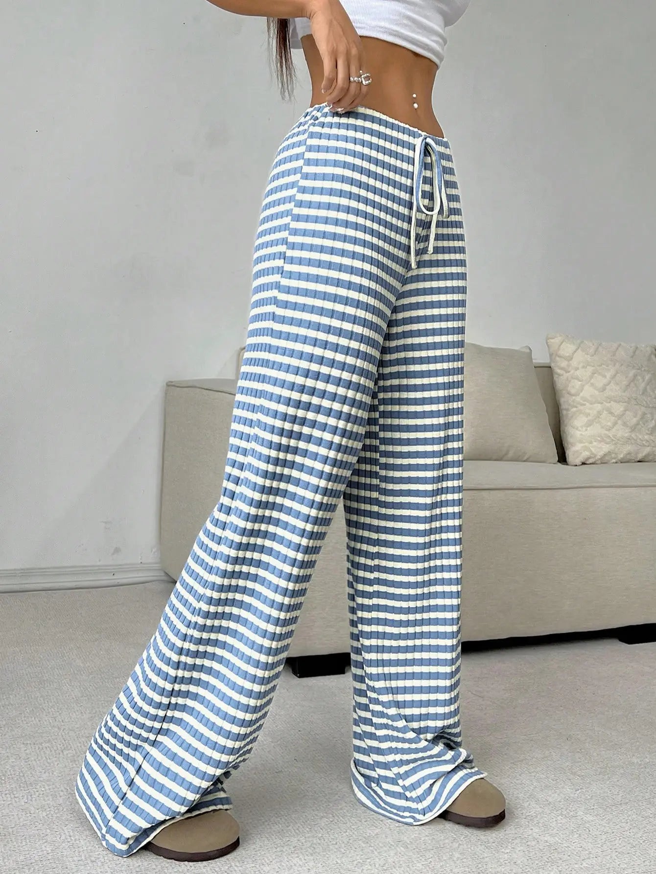 Women's Ribbed Drawstring Wide-Leg Lounge Pants