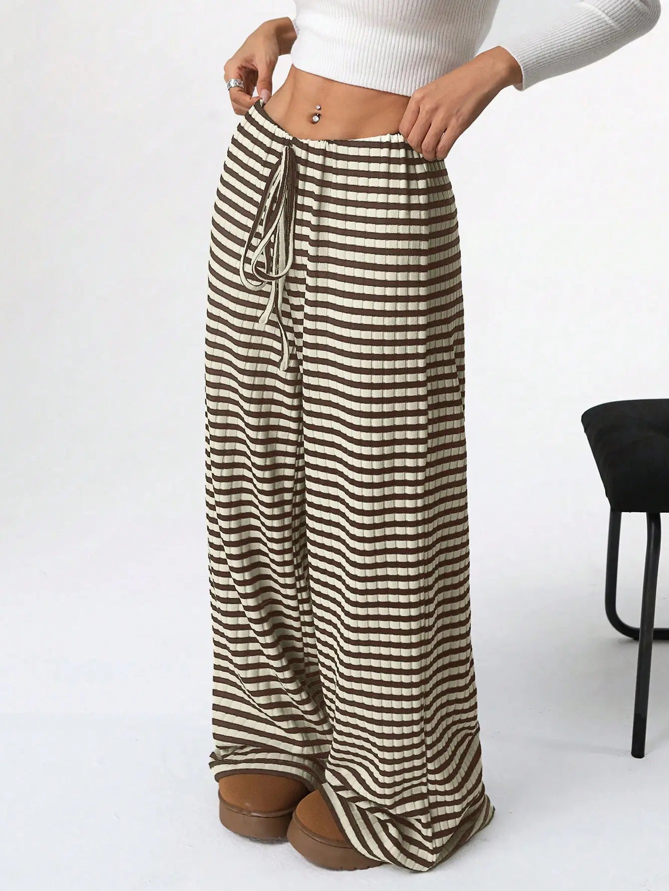 Women's Ribbed Drawstring Wide-Leg Lounge Pants