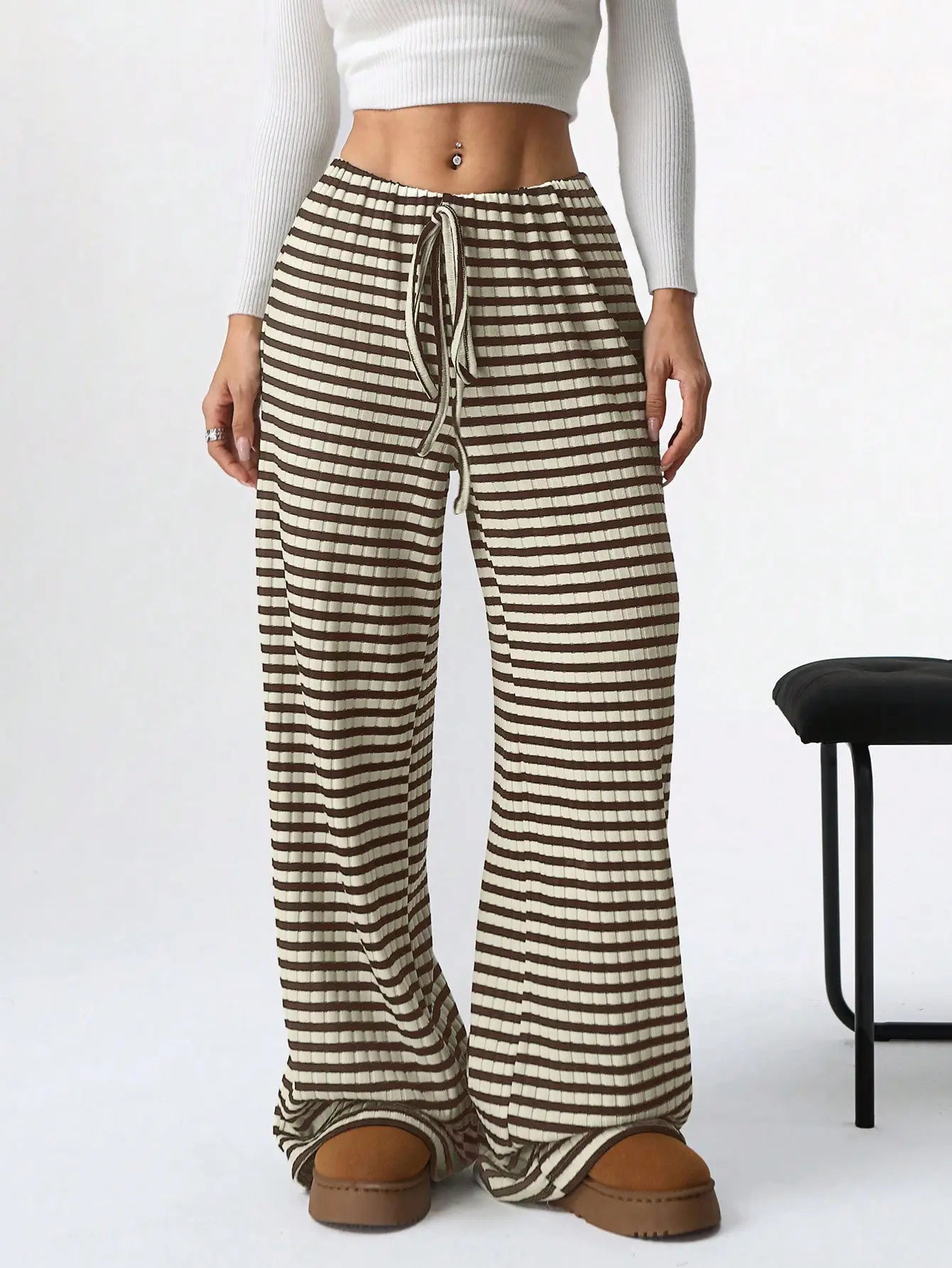 Women's Ribbed Drawstring Wide-Leg Lounge Pants
