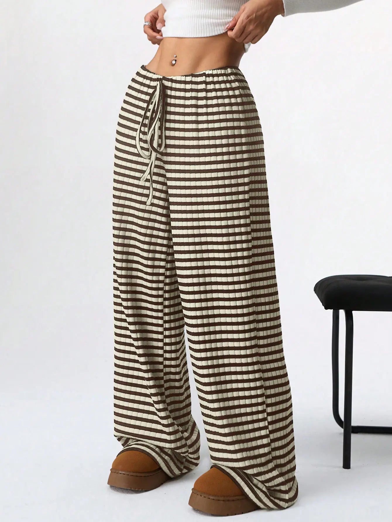 Women's Ribbed Drawstring Wide-Leg Lounge Pants