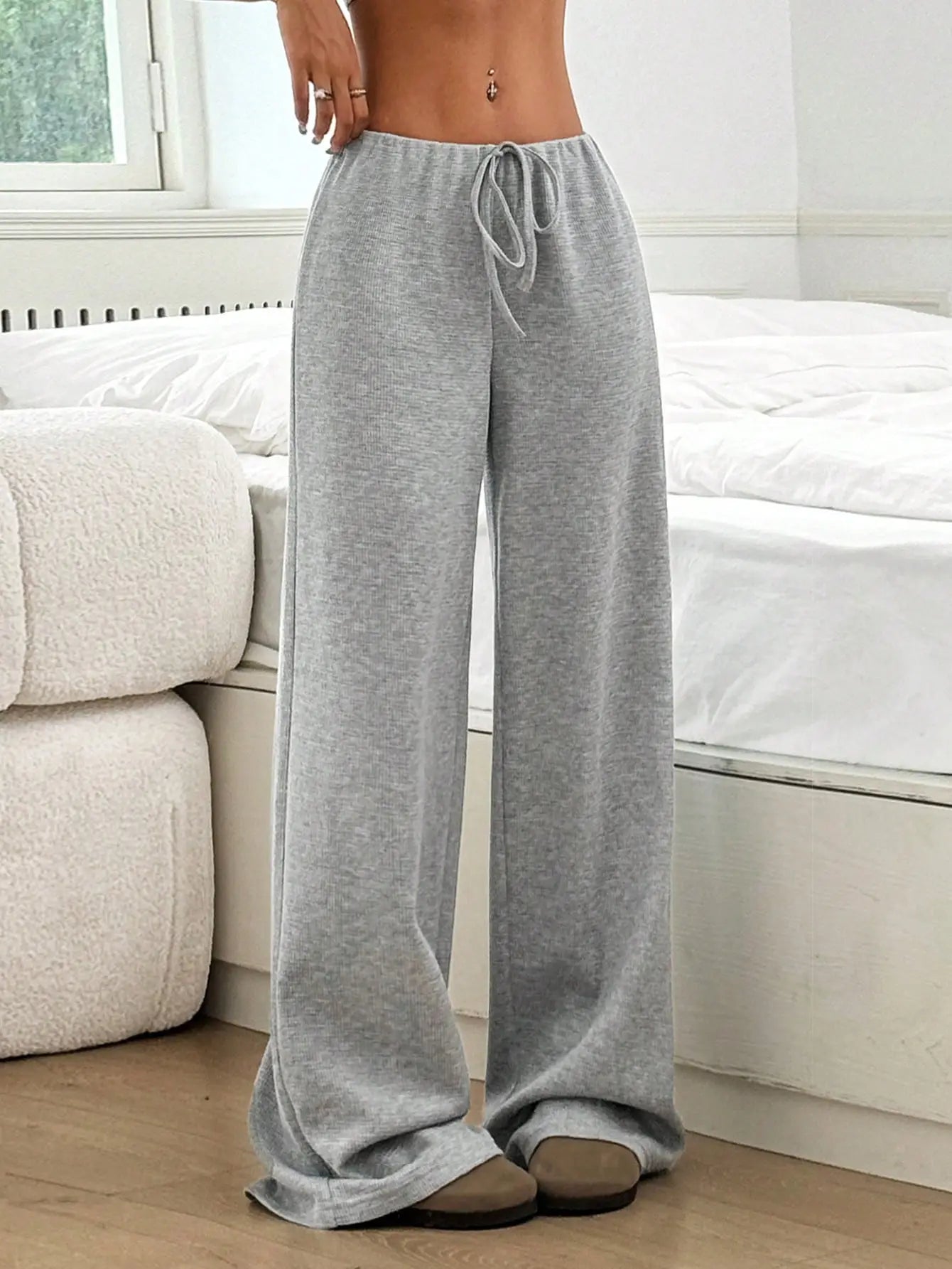 Women's Ribbed Drawstring Wide-Leg Lounge Pants