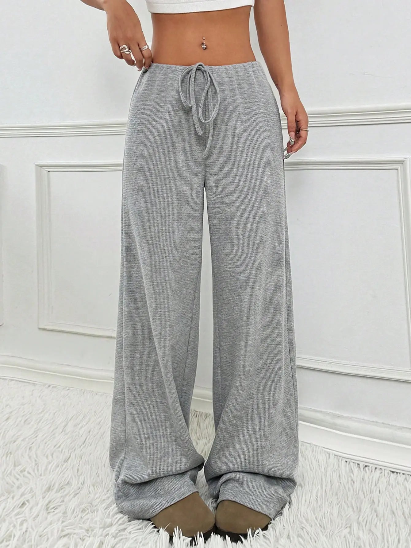 Women's Ribbed Drawstring Wide-Leg Lounge Pants
