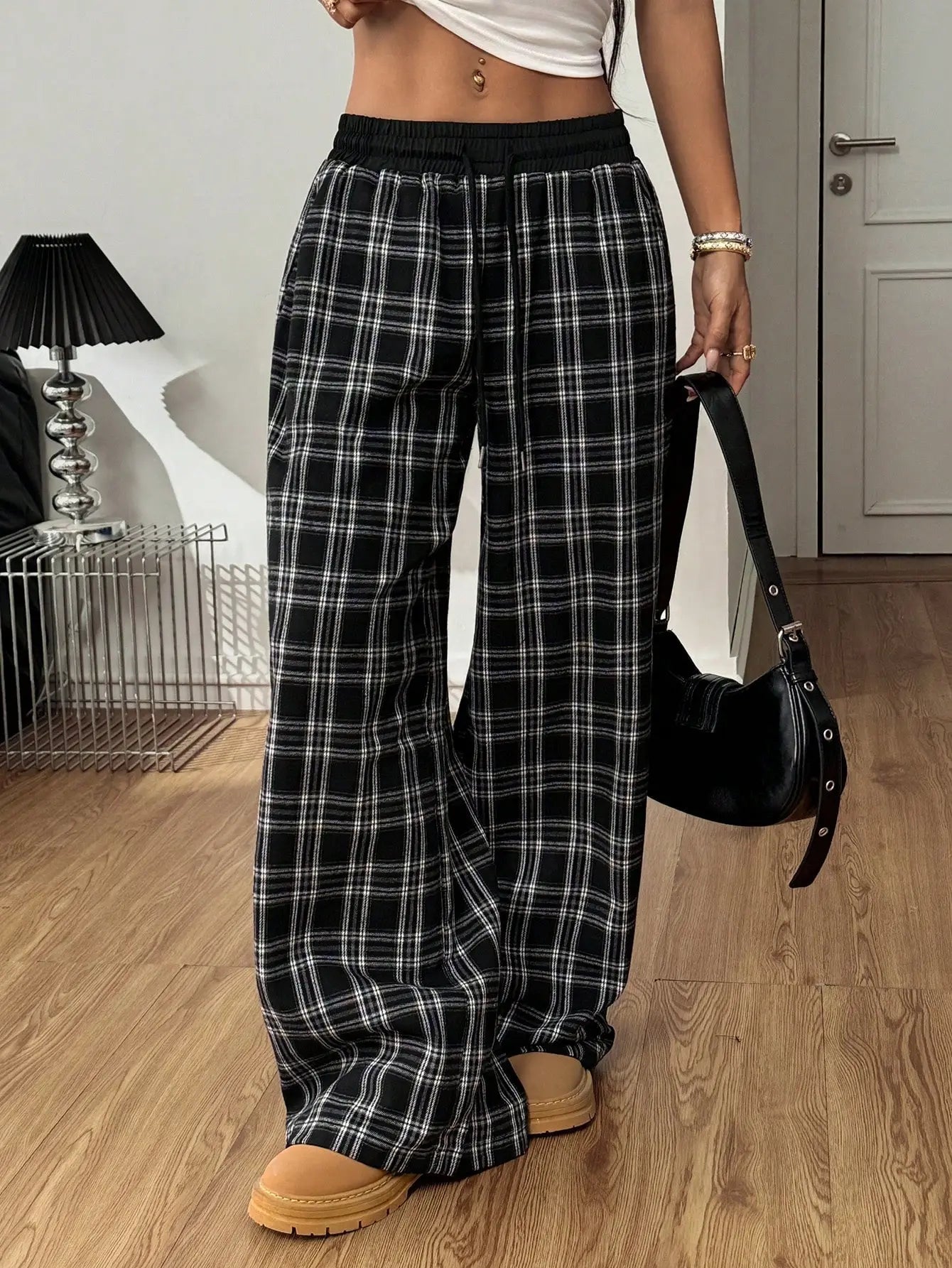 Women's Plaid Drawstring Wide-Leg Lounge Pants