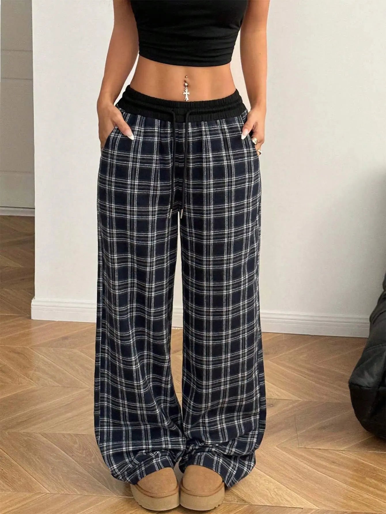 Women's Plaid Drawstring Wide-Leg Lounge Pants