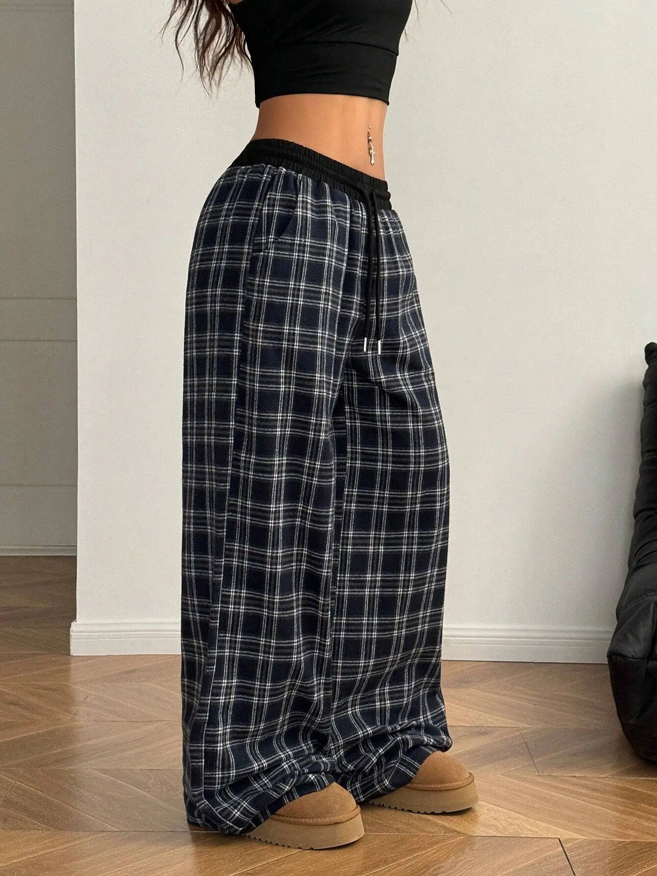 Women's Plaid Drawstring Wide-Leg Lounge Pants