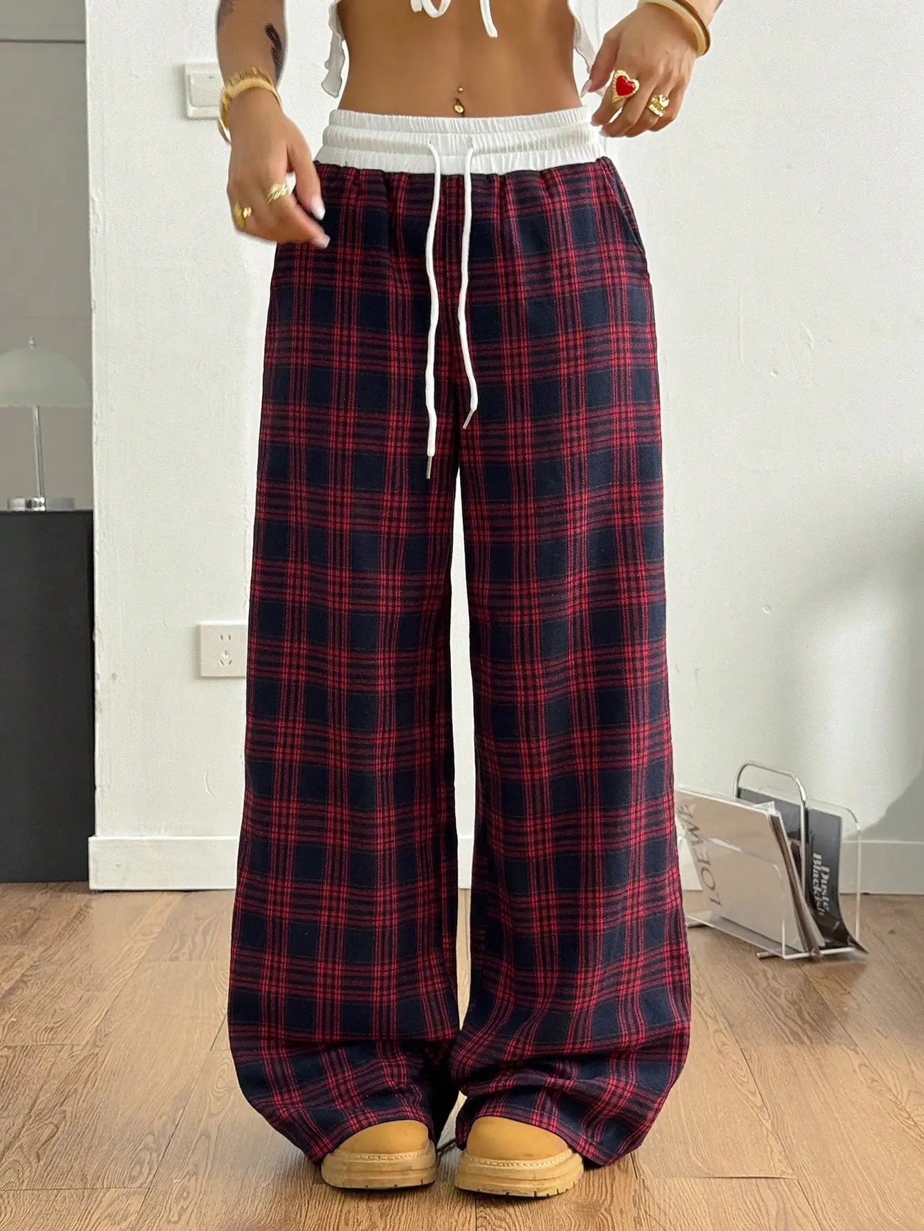 Women's Plaid Drawstring Wide-Leg Lounge Pants