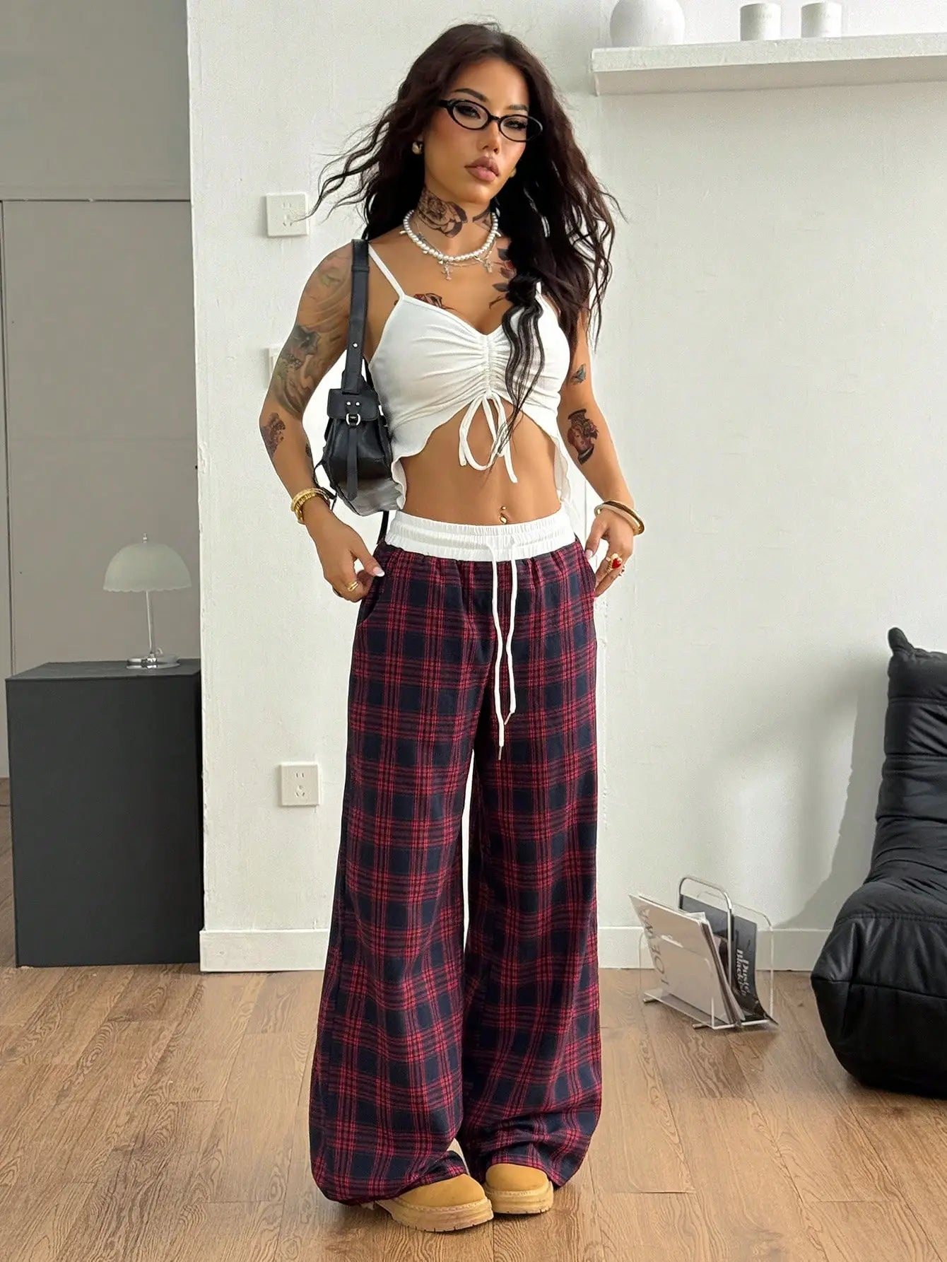 Women's Plaid Drawstring Wide-Leg Lounge Pants