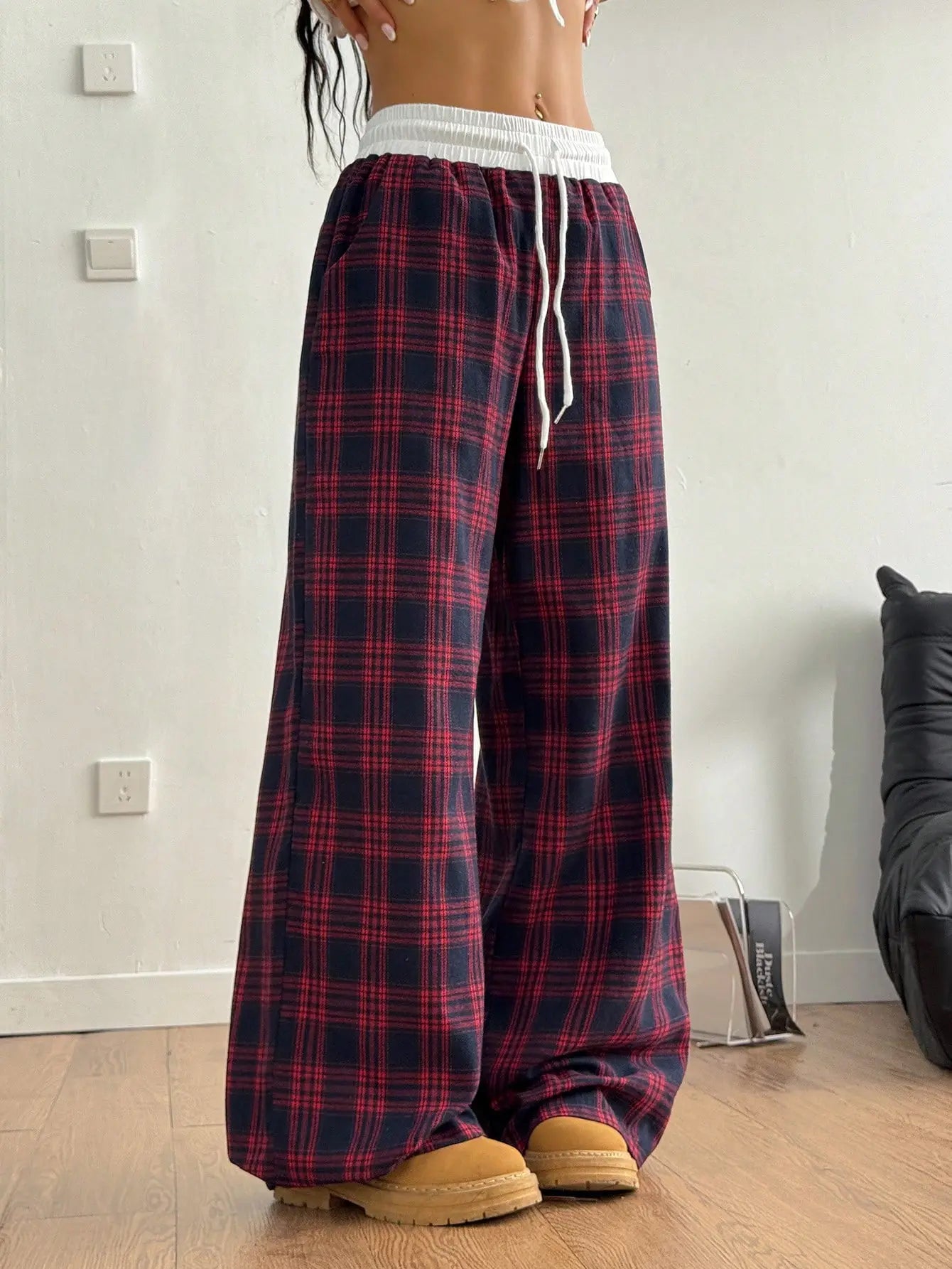 Women's Plaid Drawstring Wide-Leg Lounge Pants