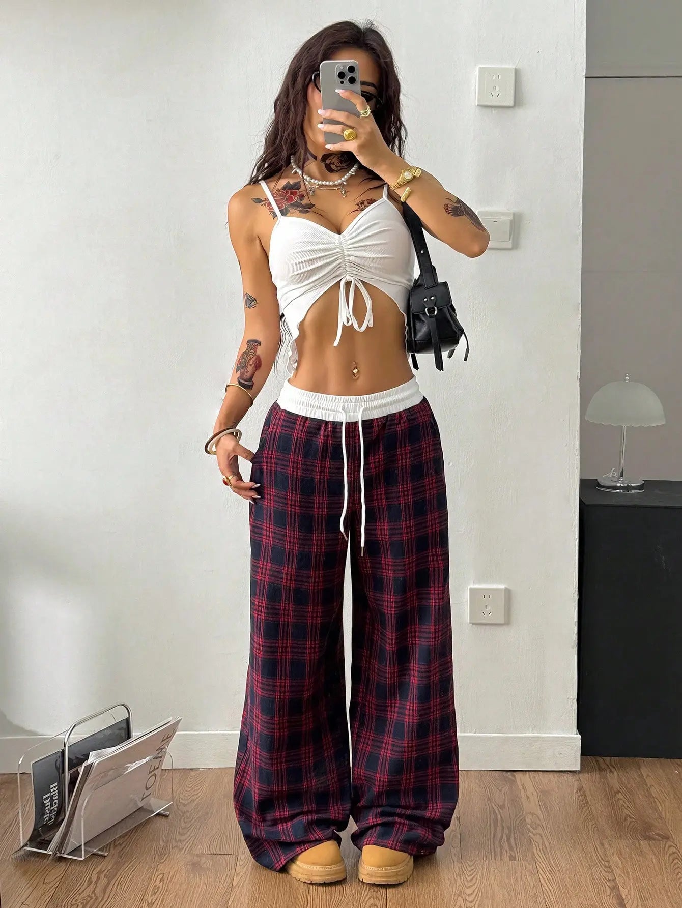 Women's Plaid Drawstring Wide-Leg Lounge Pants