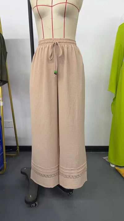 Women's Drawstring Wide-Leg Casual Trousers with Lace Hem Detail