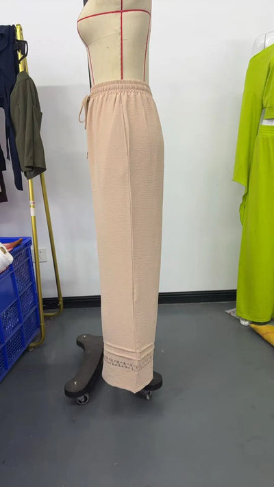 Women's Drawstring Wide-Leg Casual Trousers with Lace Hem Detail