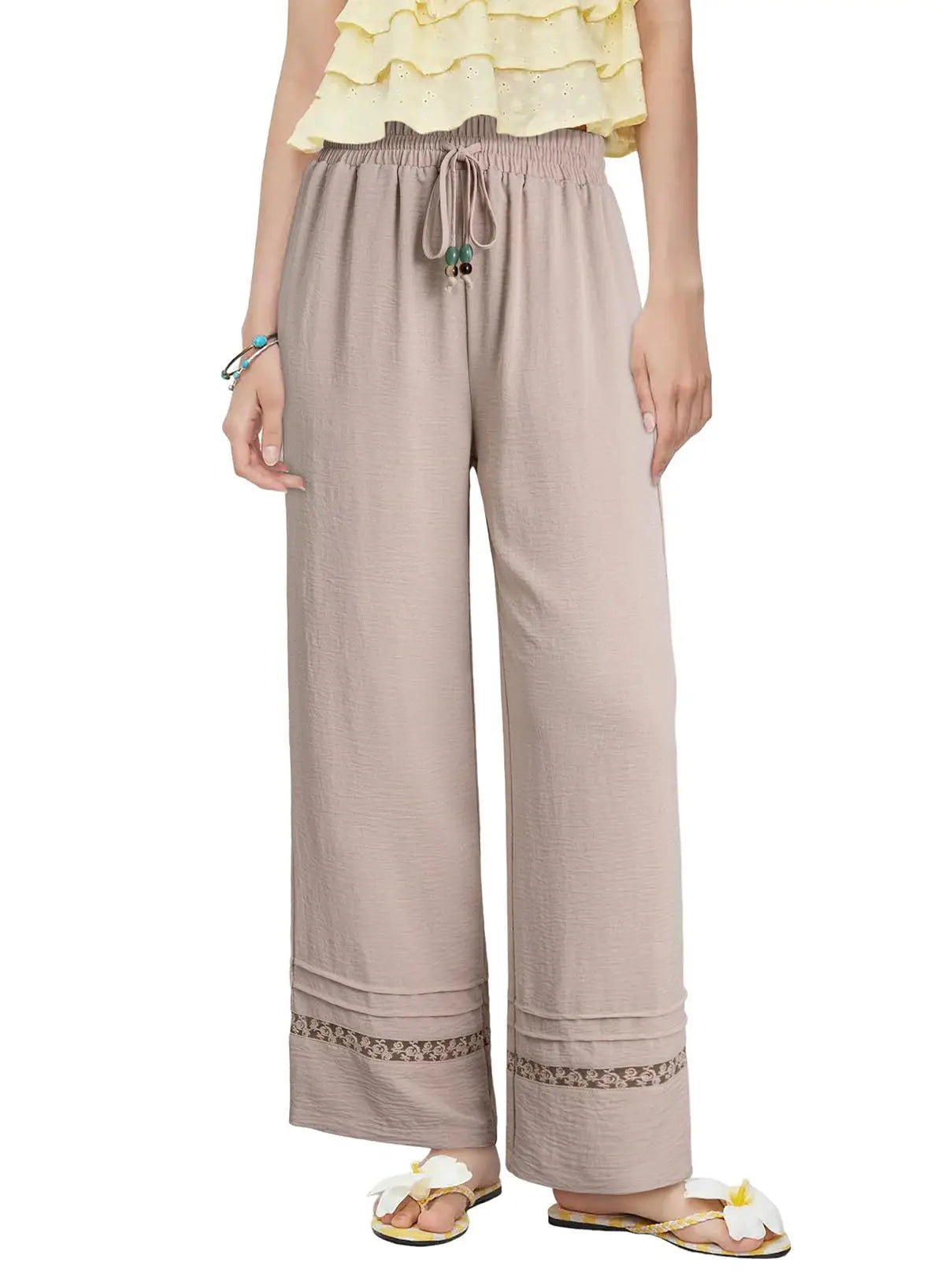 Women's Drawstring Wide-Leg Casual Trousers with Lace Hem Detail