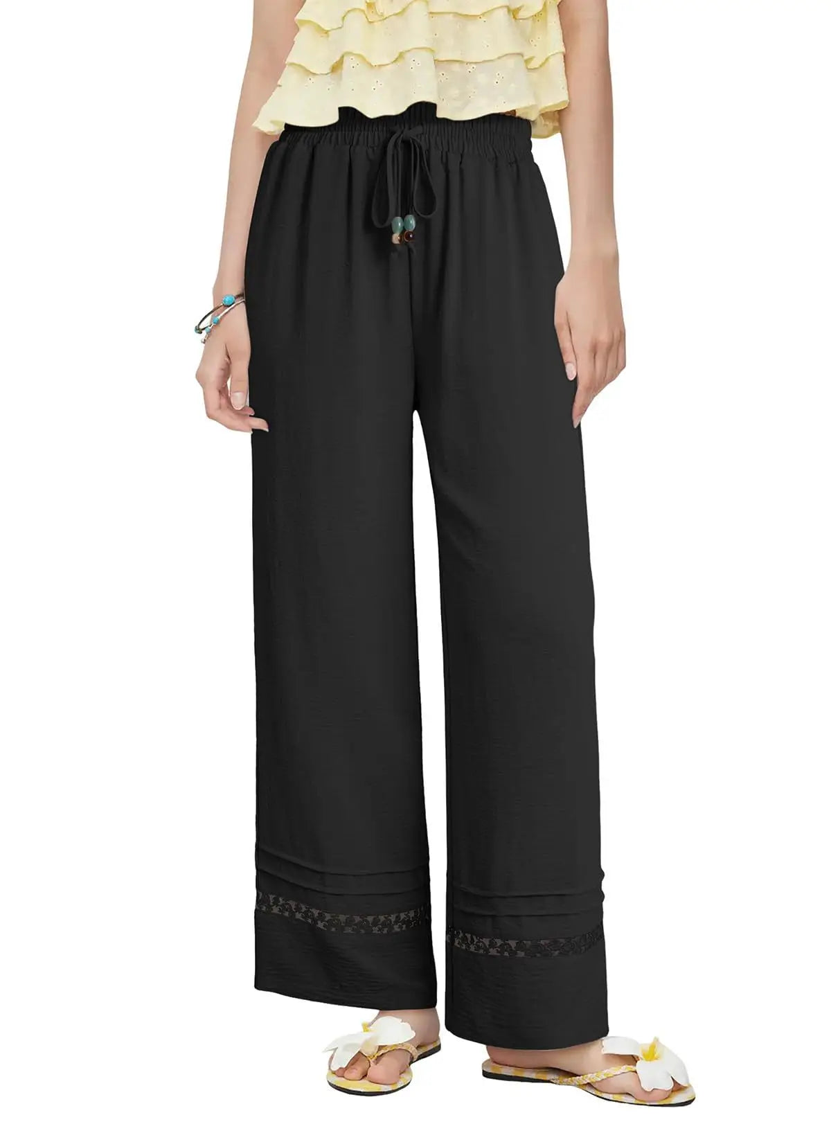 Women's Drawstring Wide-Leg Casual Trousers with Lace Hem Detail