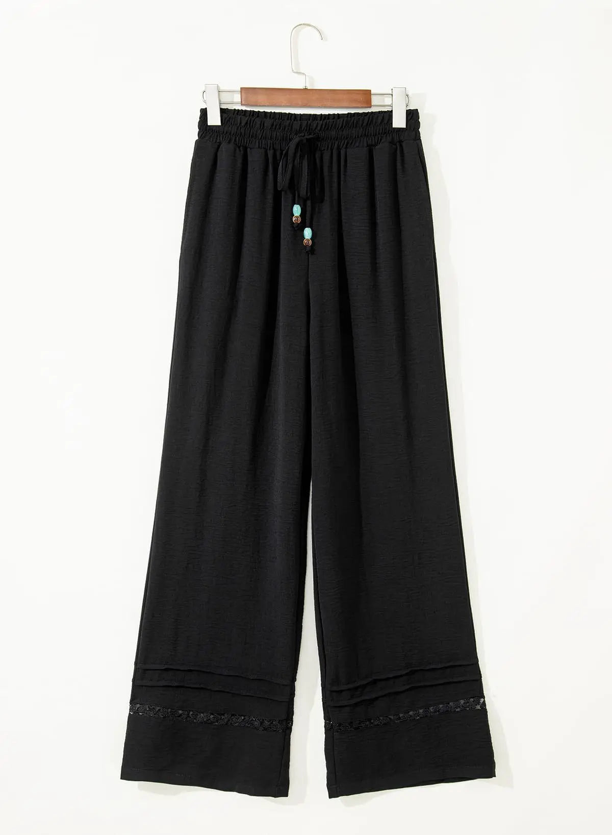 Women's Drawstring Wide-Leg Casual Trousers with Lace Hem Detail