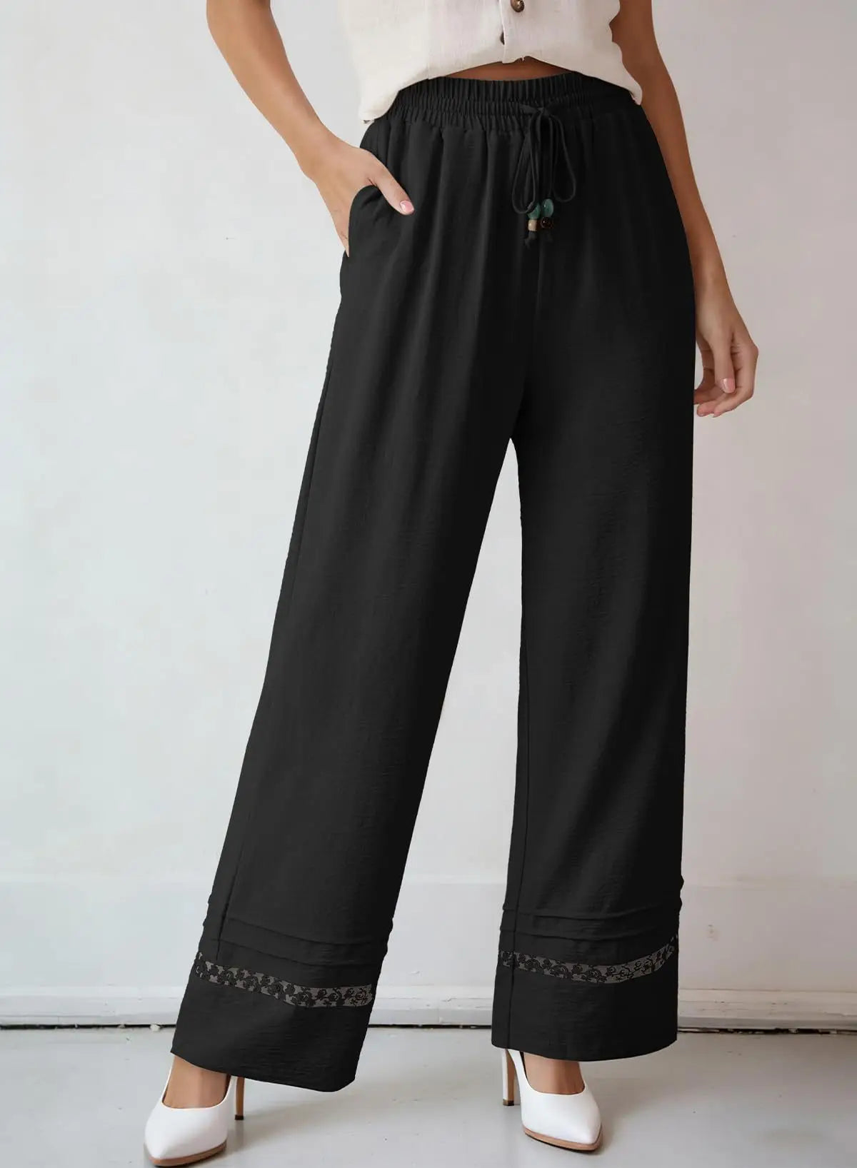 Women's Drawstring Wide-Leg Casual Trousers with Lace Hem Detail