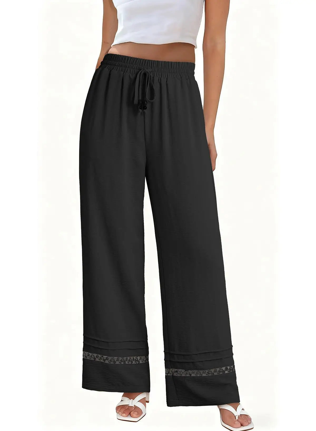 Women's Drawstring Wide-Leg Casual Trousers with Lace Hem Detail