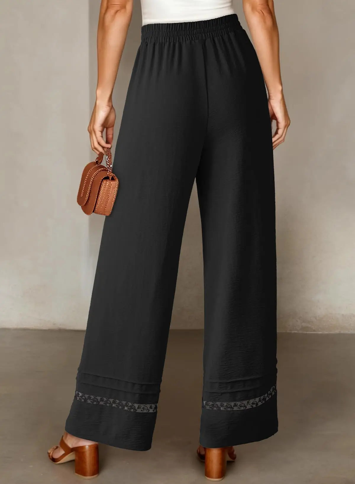 Women's Drawstring Wide-Leg Casual Trousers with Lace Hem Detail