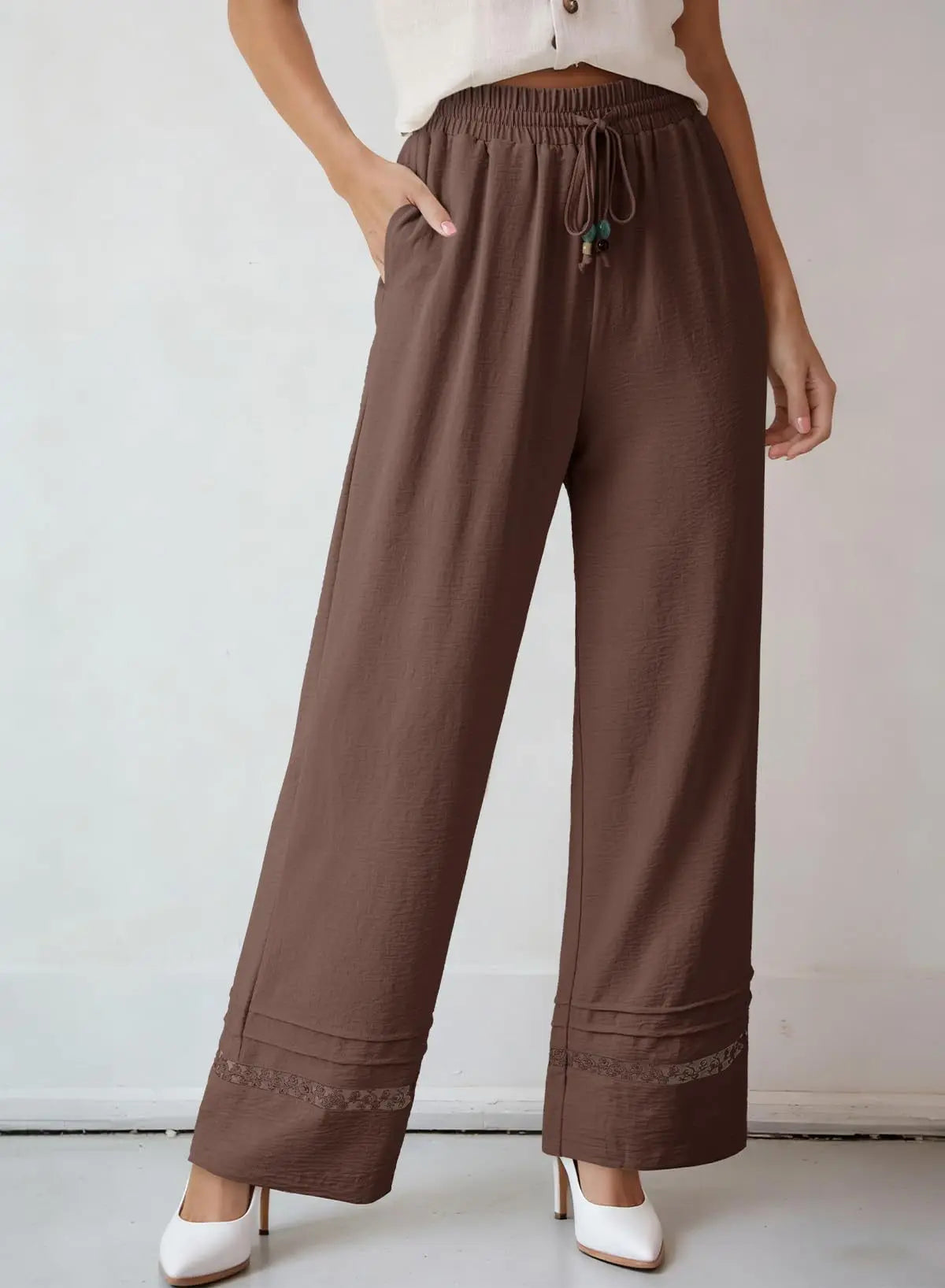 Women's Drawstring Wide-Leg Casual Trousers with Lace Hem Detail