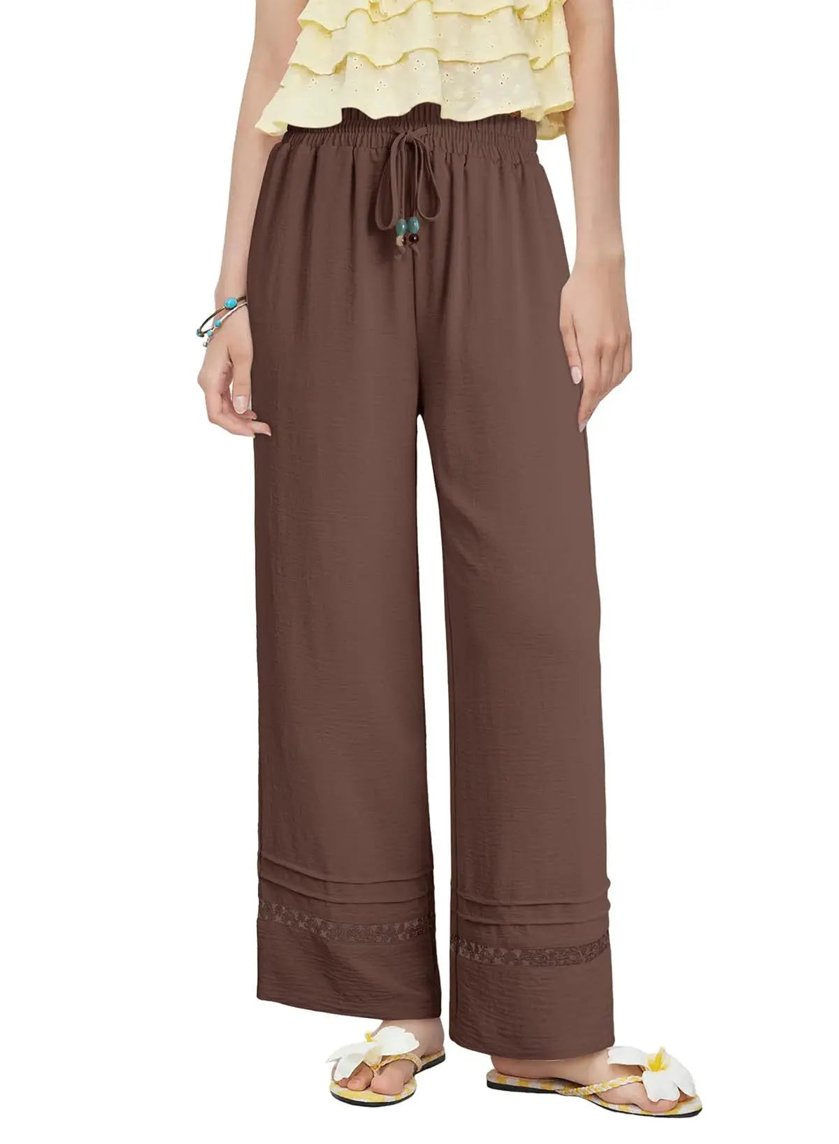 Women's Drawstring Wide-Leg Casual Trousers with Lace Hem Detail
