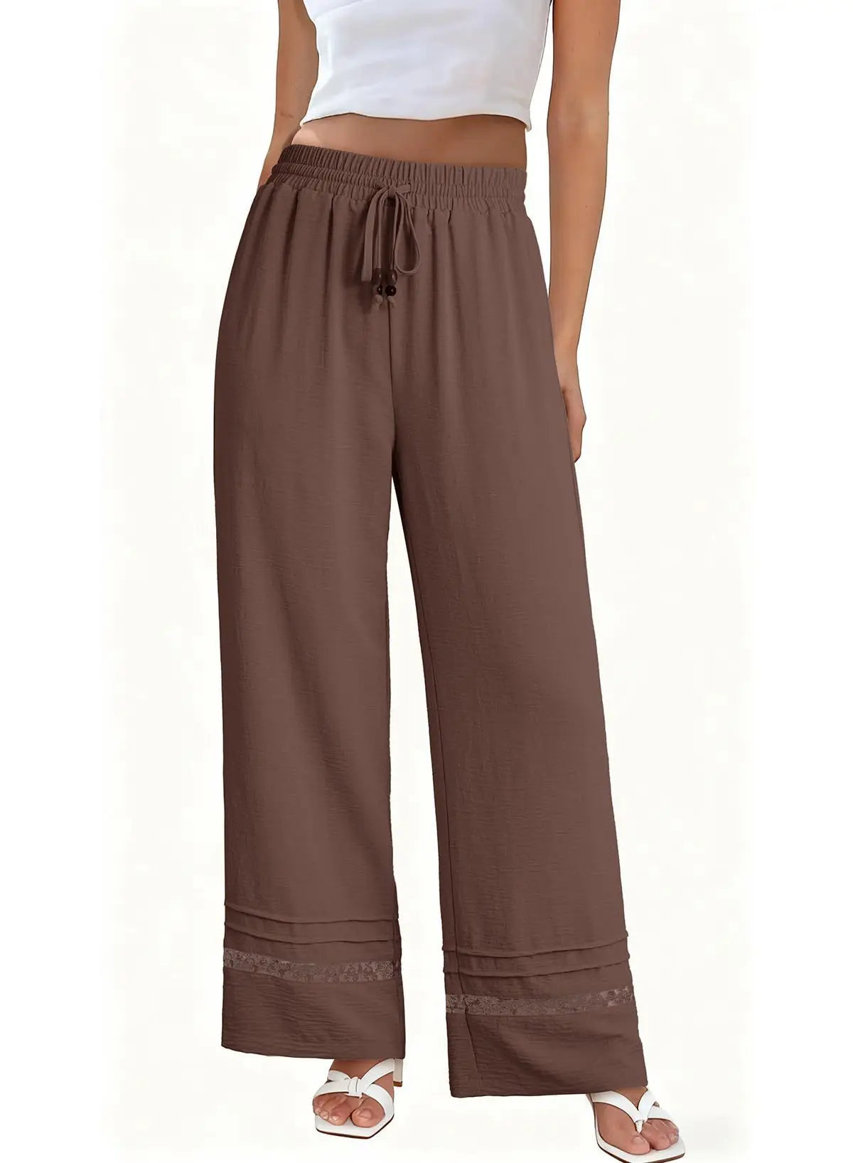 Women's Drawstring Wide-Leg Casual Trousers with Lace Hem Detail
