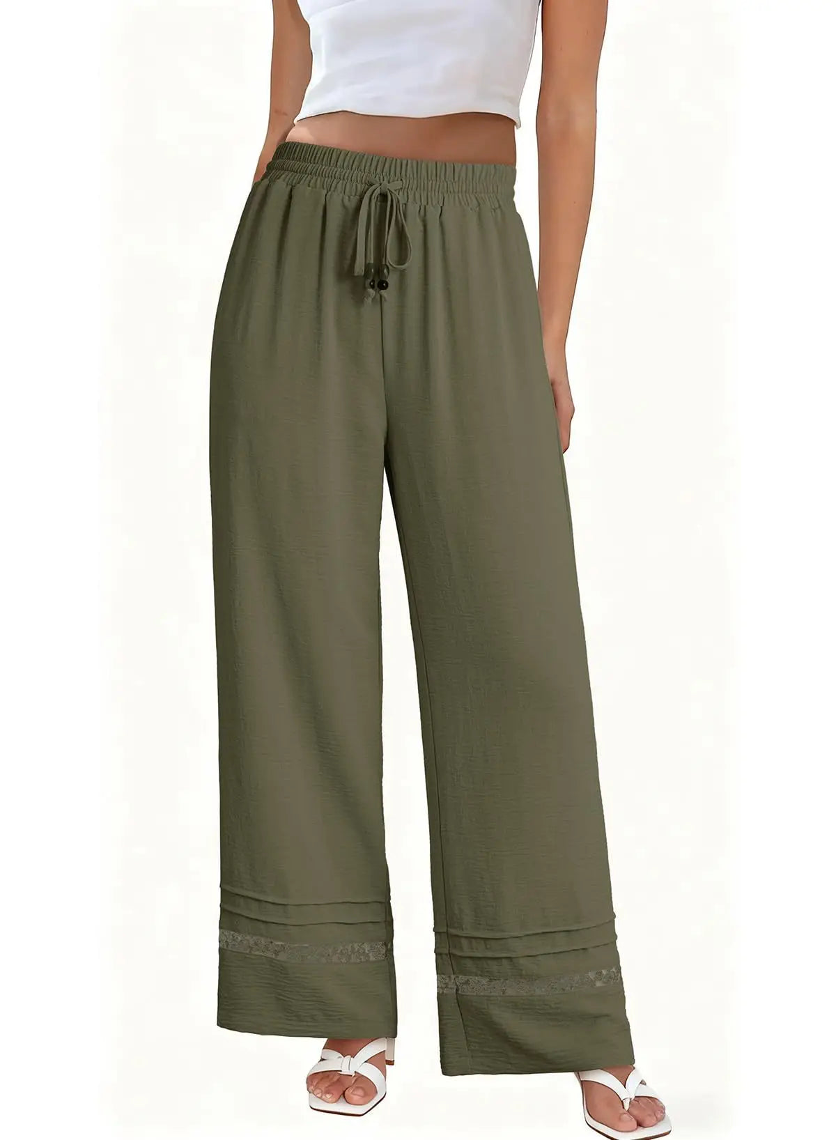Women's Drawstring Wide-Leg Casual Trousers with Lace Hem Detail