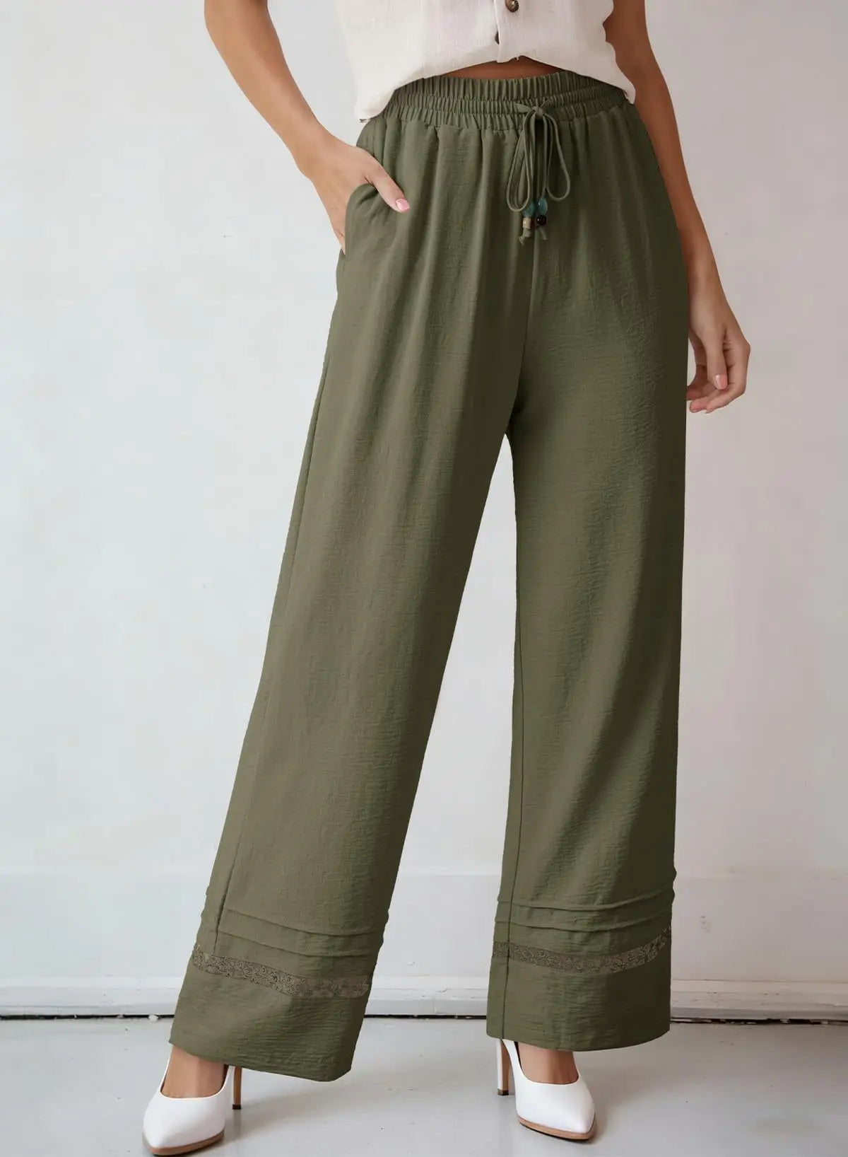 Women's Drawstring Wide-Leg Casual Trousers with Lace Hem Detail