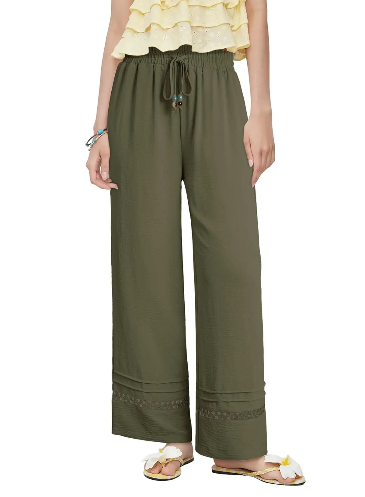 Women's Drawstring Wide-Leg Casual Trousers with Lace Hem Detail