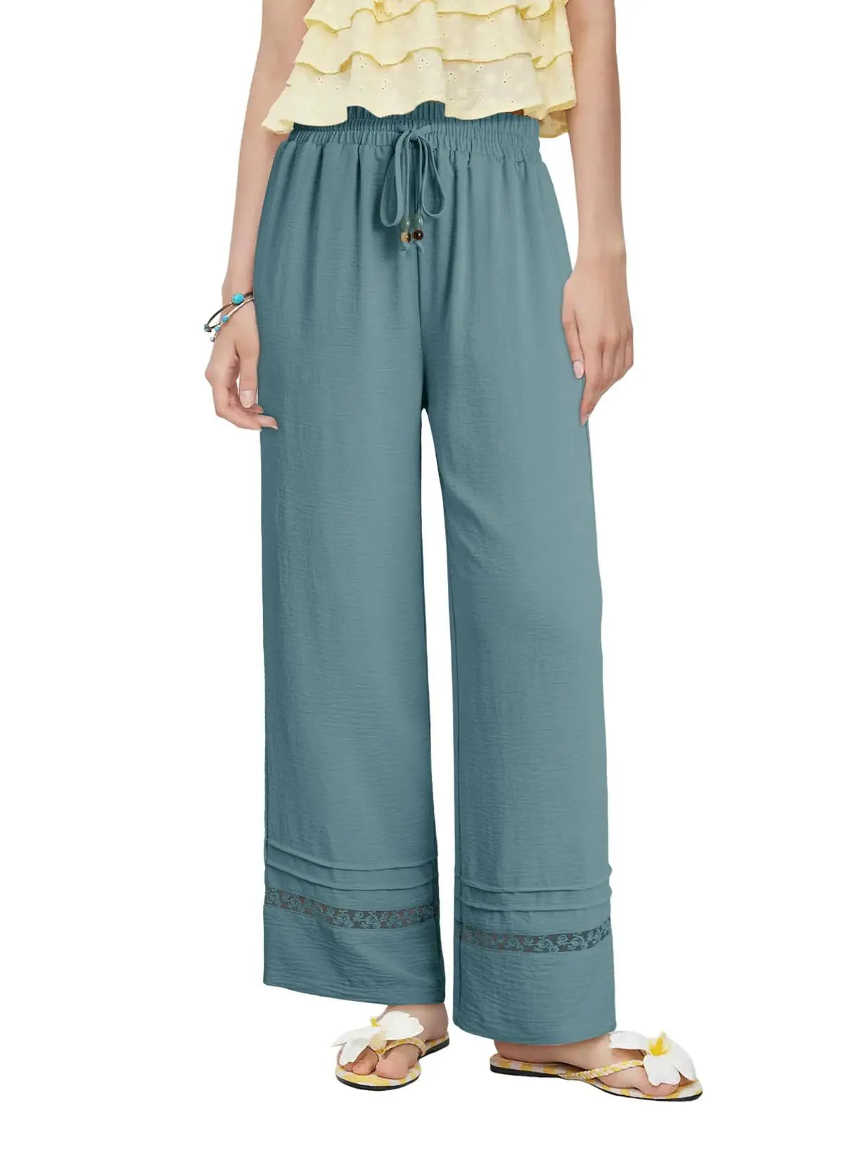 Women's Drawstring Wide-Leg Casual Trousers with Lace Hem Detail