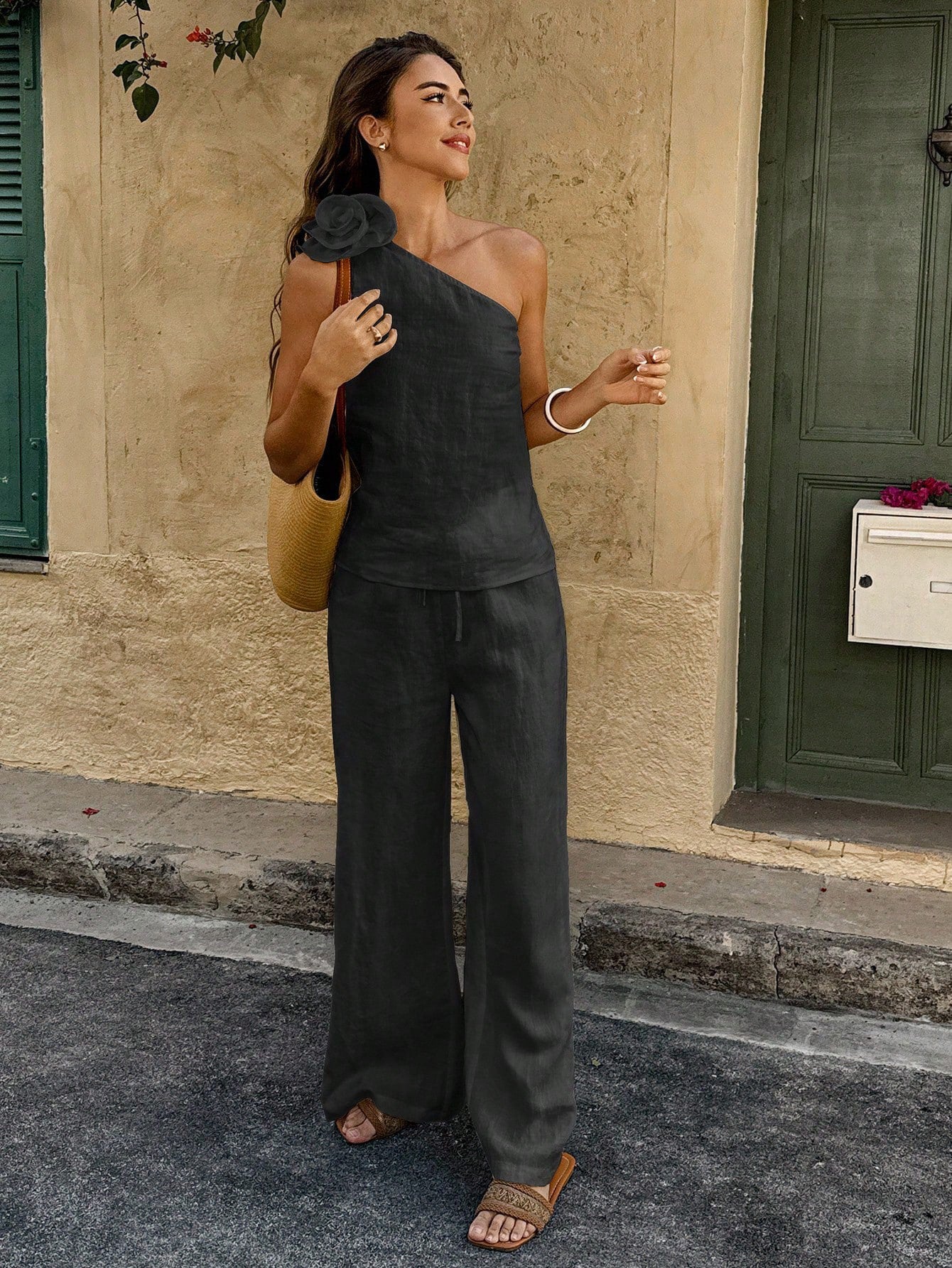 One-Shoulder Floral Pants Co-ord Set