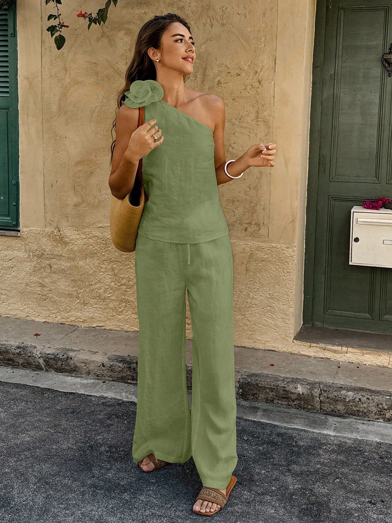 One-Shoulder Floral Pants Co-ord Set