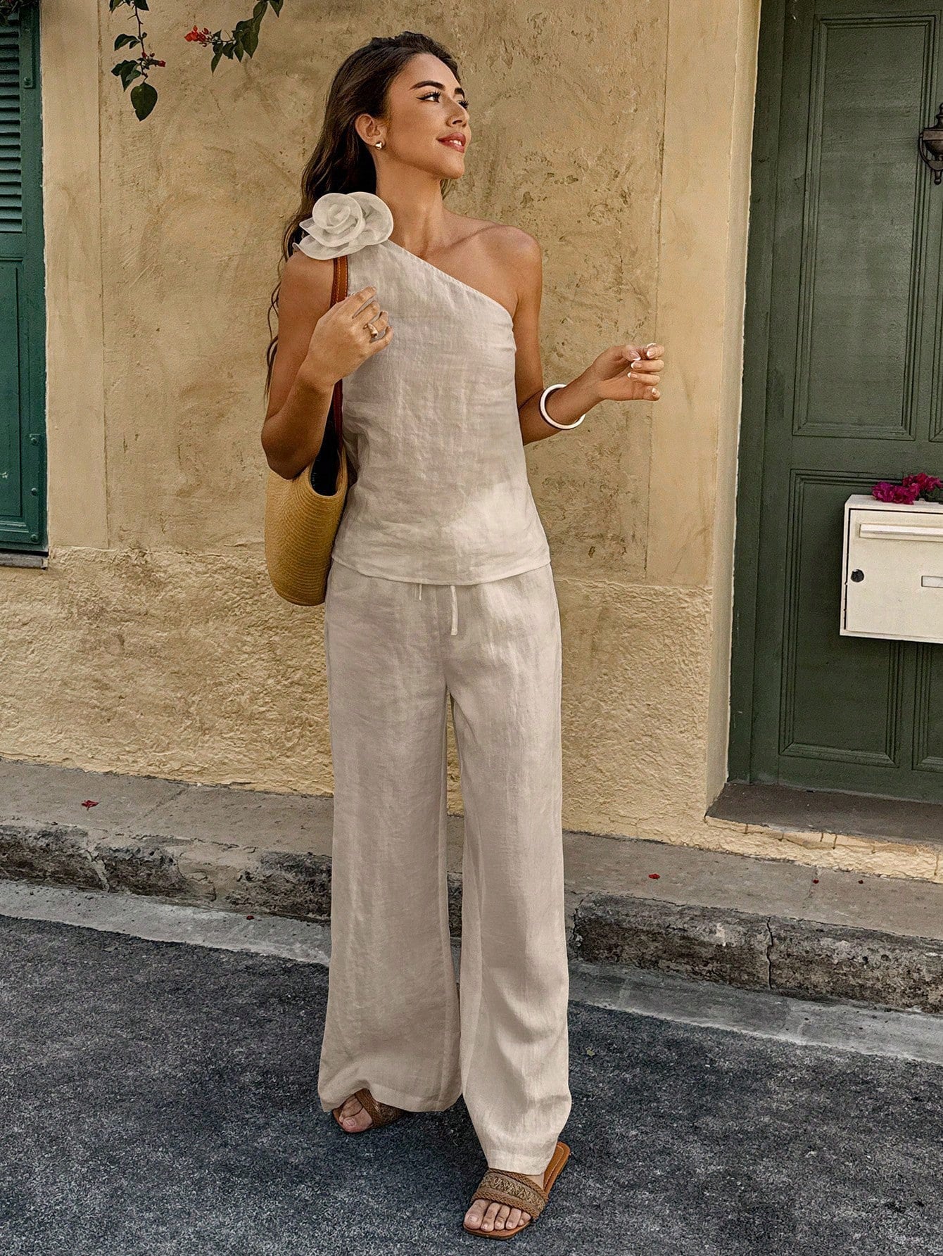One-Shoulder Floral Pants Co-ord Set
